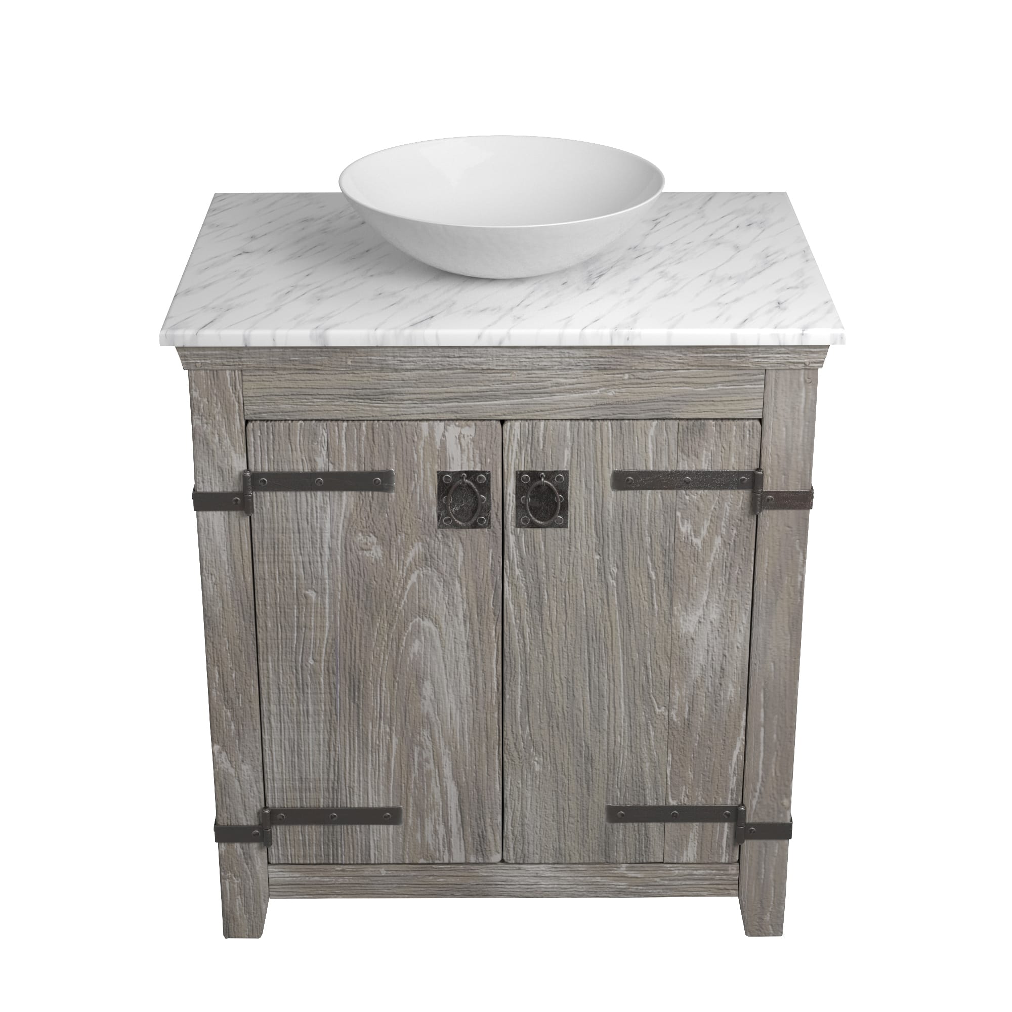 Native Trails 30" Americana Vanity in Driftwood with Carrara Marble Top and Verona in Bianco, Single Faucet Hole, BND30-VB-CT-MG-079
