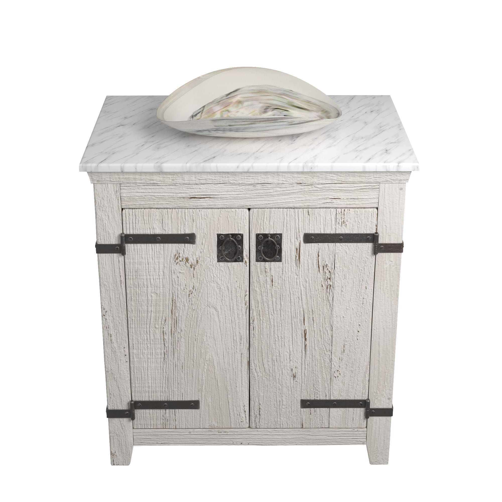 Native Trails 30" Americana Vanity in Whitewash with Carrara Marble Top and Sorrento in Abalone, No Faucet Hole, BND30-VB-CT-MG-090