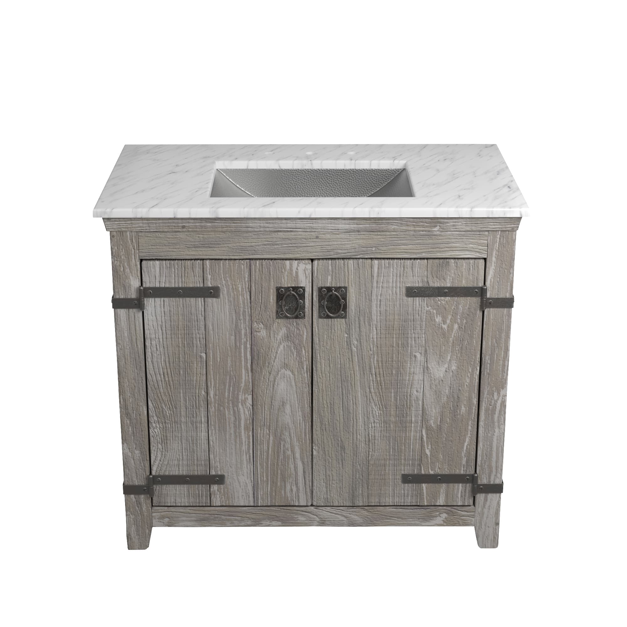 Native Trails 36" Americana Vanity in Driftwood with Carrara Marble Top and Avila in Brushed Nickel, 8" Widespread Faucet Holes, BND36-VB-CT-CP-024