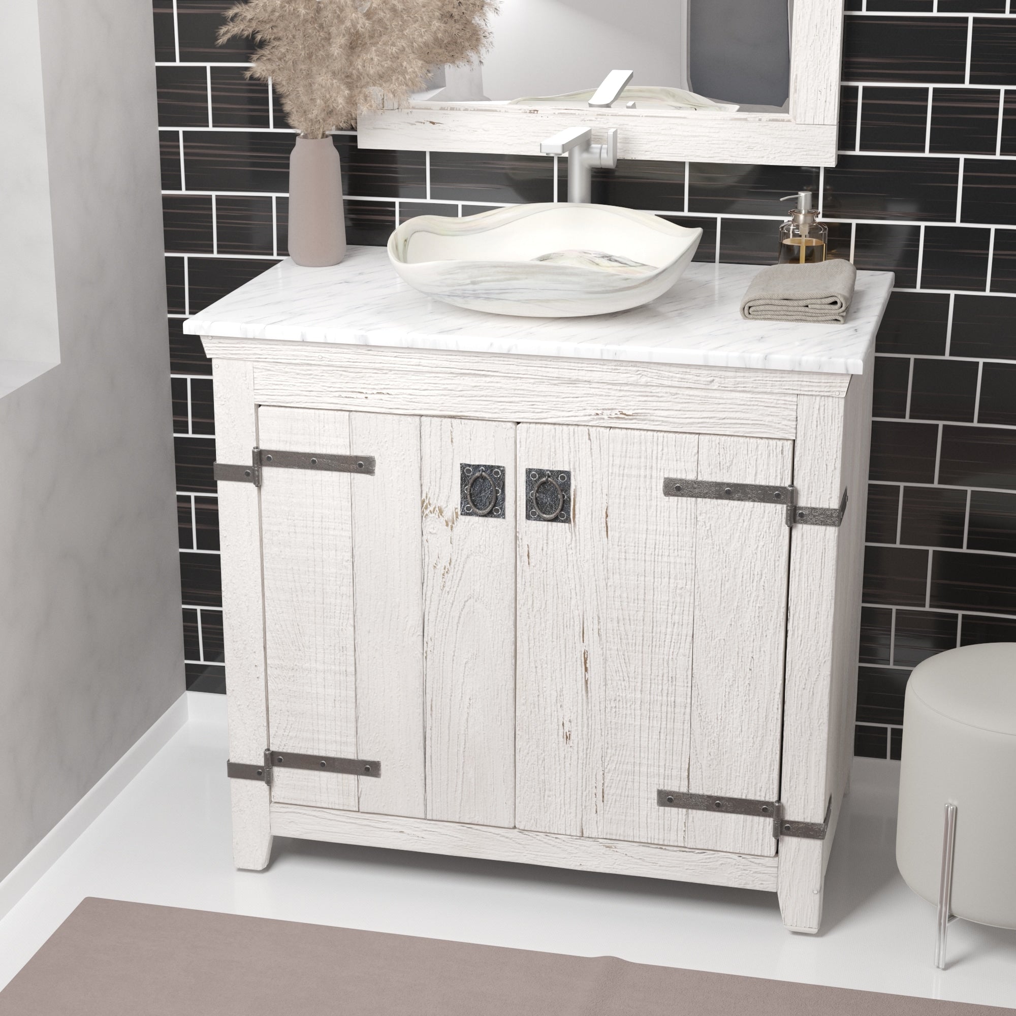 Native Trails 36" Americana Vanity in Whitewash with Carrara Marble Top and Lido in Abalone, Single Faucet Hole, BND36-VB-CT-MG-001