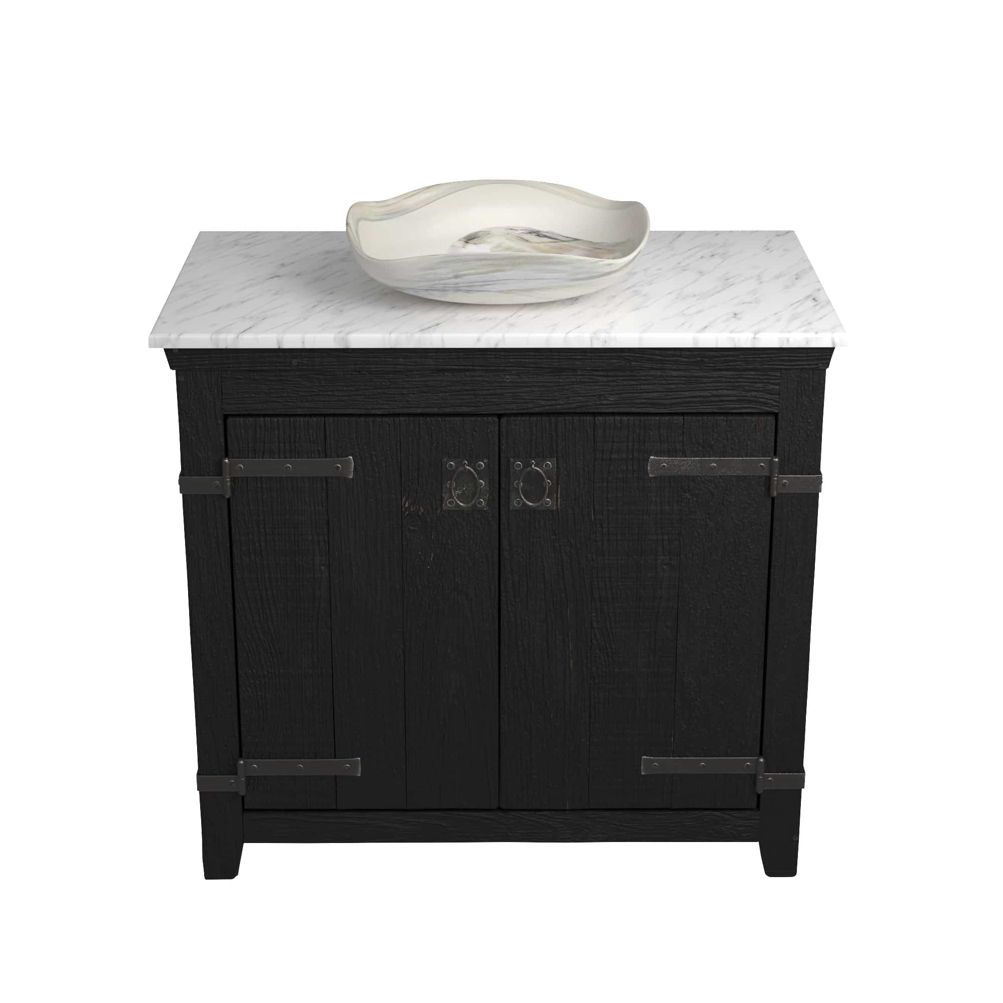 Native Trails 36" Americana Vanity in Anvil with Carrara Marble Top and Lido in Abalone, No Faucet Hole, BND36-VB-CT-MG-006