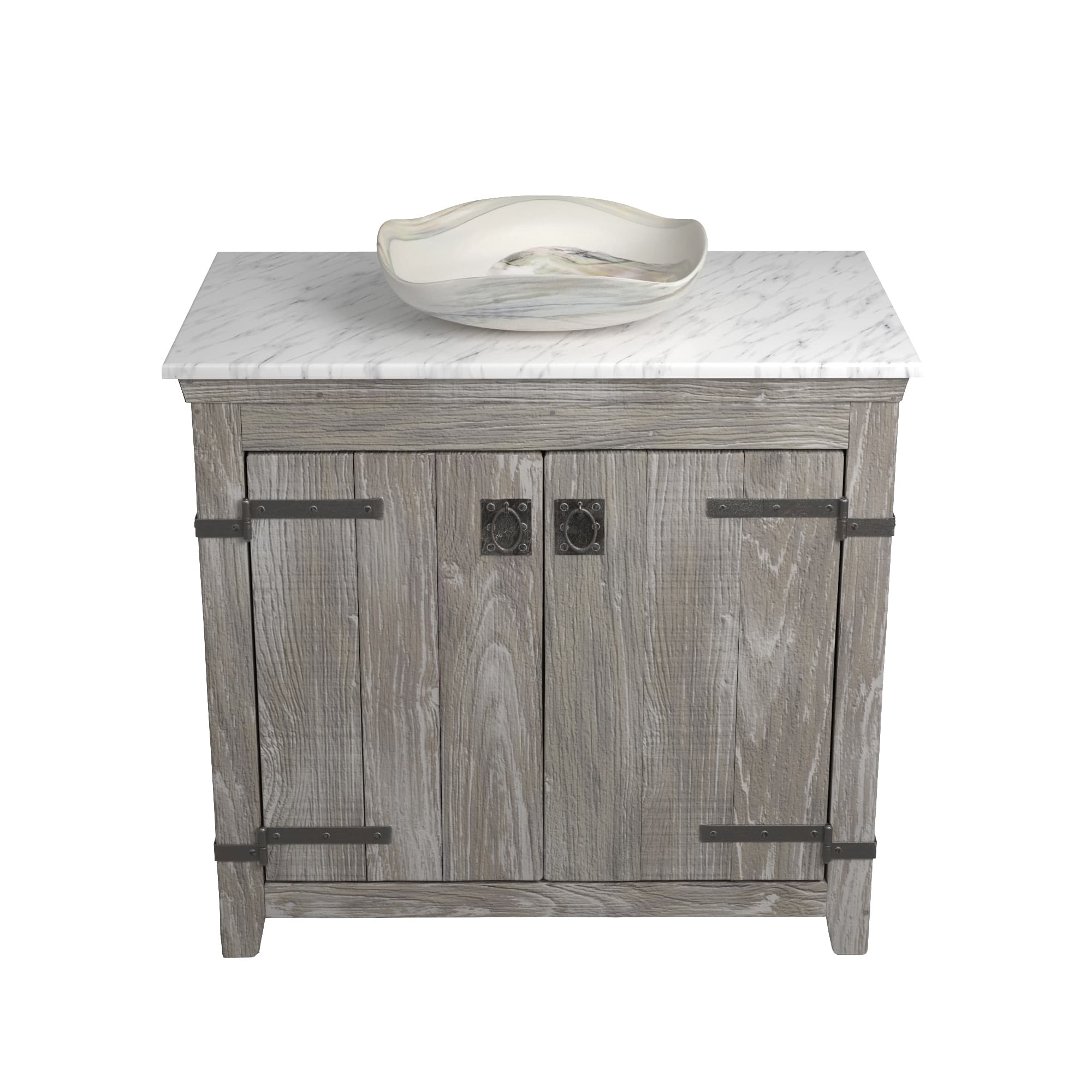 Native Trails 36" Americana Vanity in Driftwood with Carrara Marble Top and Lido in Abalone, Single Faucet Hole, BND36-VB-CT-MG-007