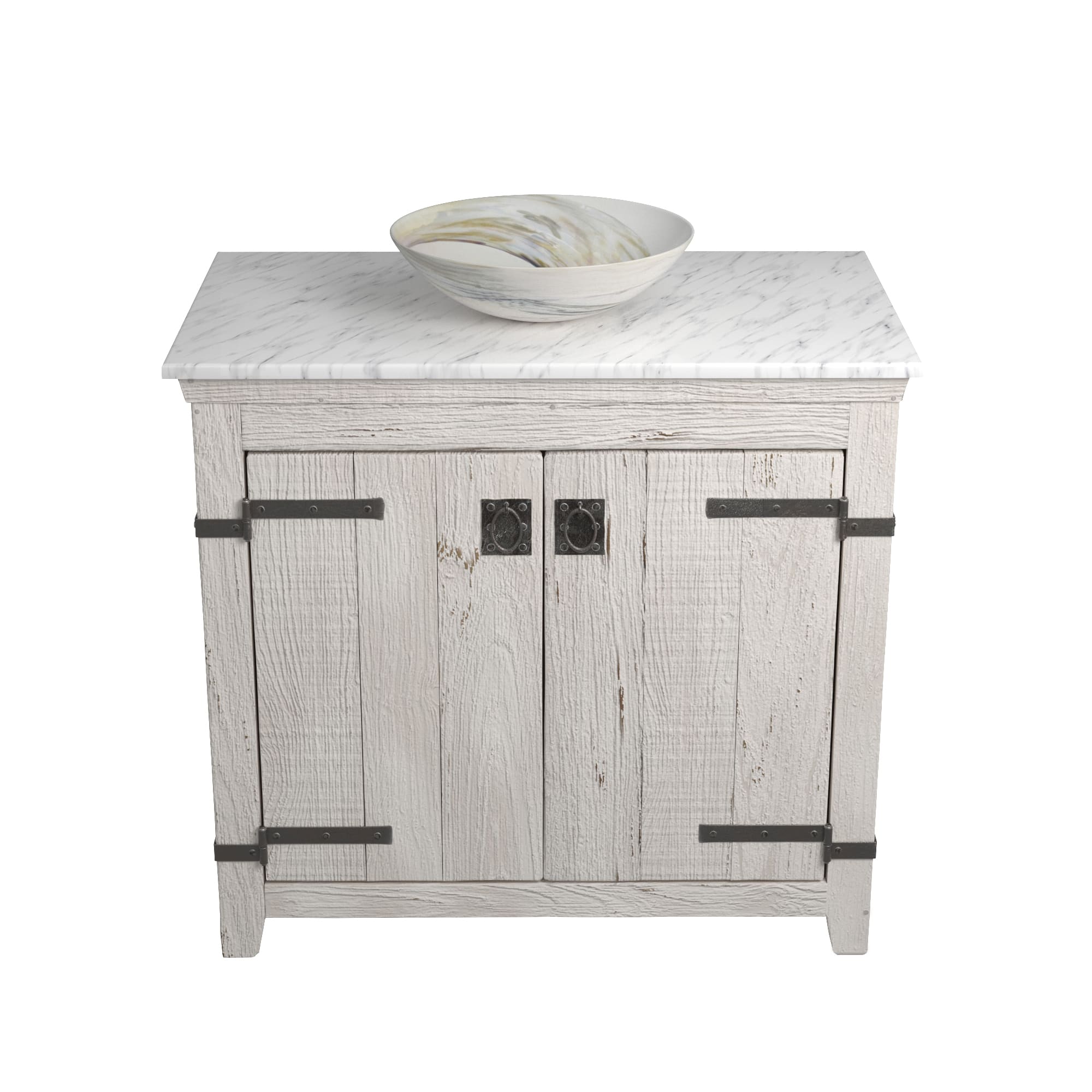 Native Trails 36" Americana Vanity in Whitewash with Carrara Marble Top and Verona in Abalone, Single Faucet Hole, BND36-VB-CT-MG-057
