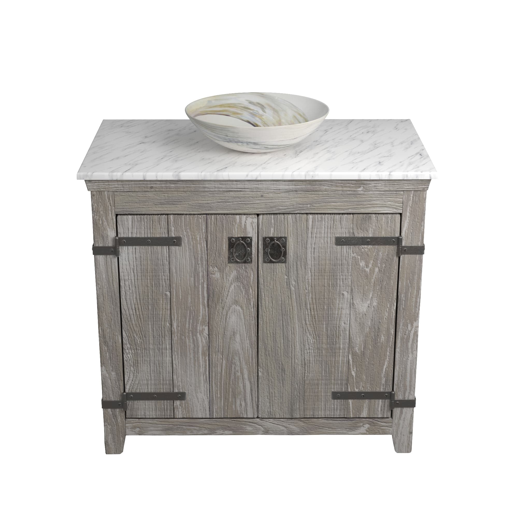 Native Trails 36" Americana Vanity in Driftwood with Carrara Marble Top and Verona in Abalone, No Faucet Hole, BND36-VB-CT-MG-064