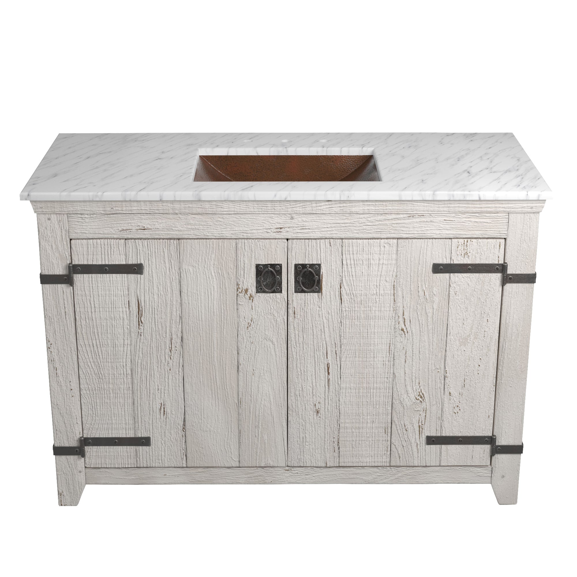 Native Trails 48" Americana Vanity in Whitewash with Carrara Marble Top and Avila in Antique, 8" Widespread Faucet Holes, BND48-VB-CT-CP-002