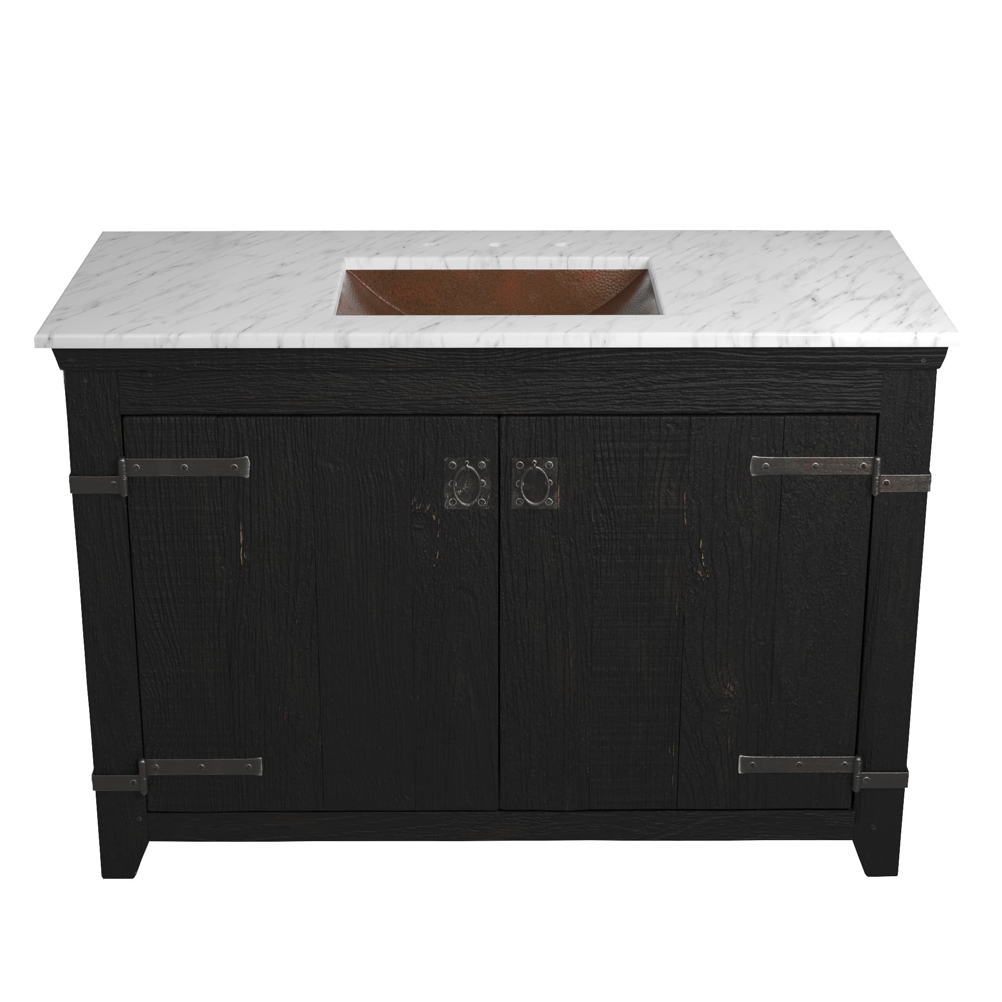 Native Trails 48" Americana Vanity in Anvil with Carrara Marble Top and Avila in Antique, 8" Widespread Faucet Holes, BND48-VB-CT-CP-006