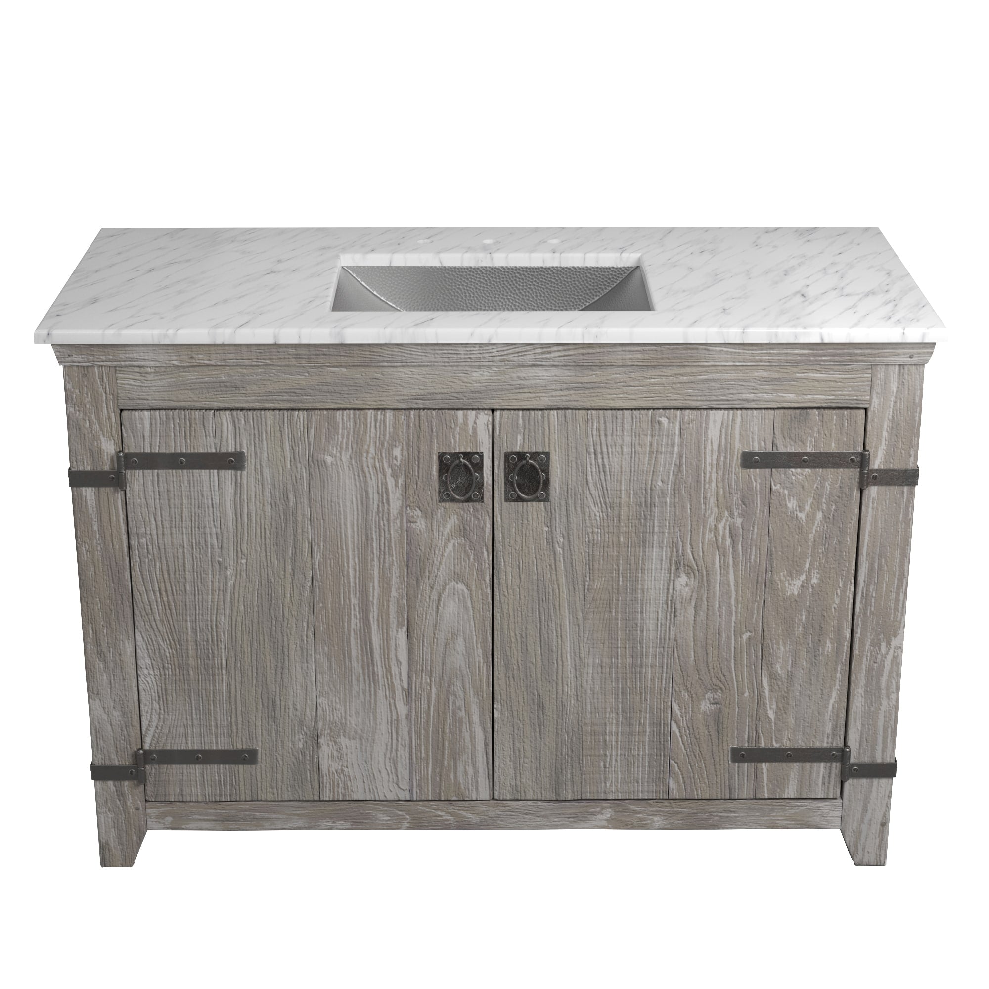 Native Trails 48" Americana Vanity in Driftwood with Carrara Marble Top and Avila in Brushed Nickel, 8" Widespread Faucet Holes, BND48-VB-CT-CP-024