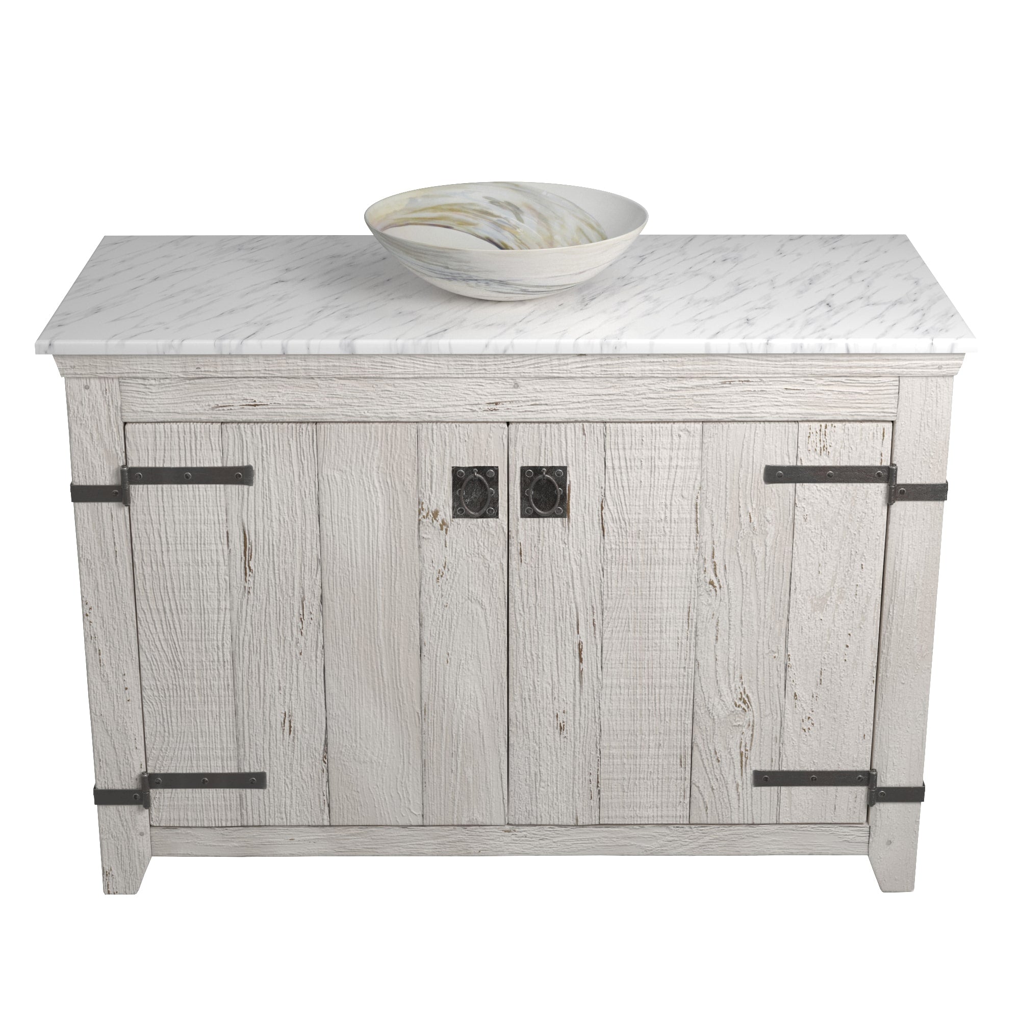 Native Trails 48" Americana Vanity in Whitewash with Carrara Marble Top and Verona in Abalone, Single Faucet Hole, BND48-VB-CT-MG-057
