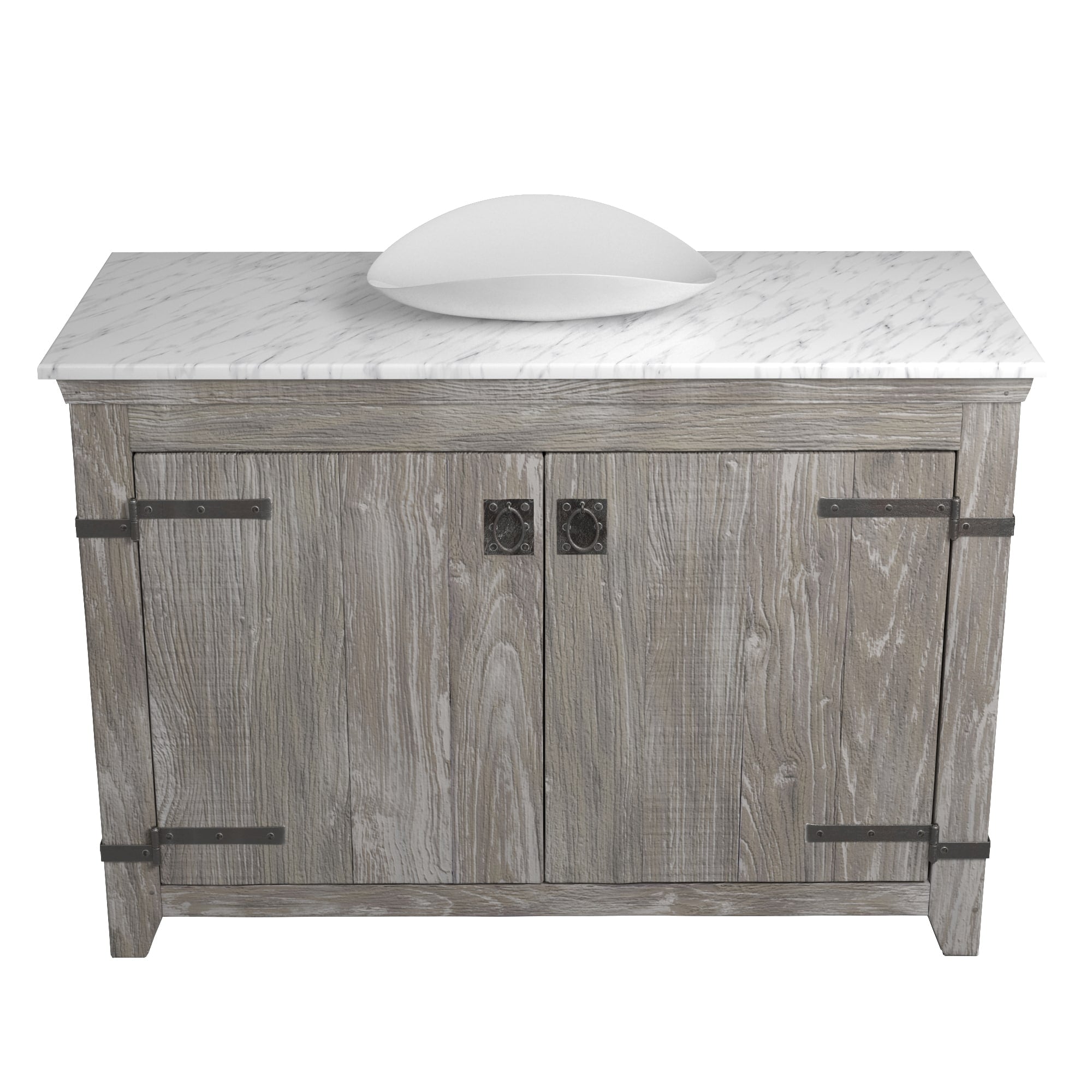 Native Trails 48" Americana Vanity in Driftwood with Carrara Marble Top and Sorrento in Bianco, Single Faucet Hole, BND48-VB-CT-MG-103