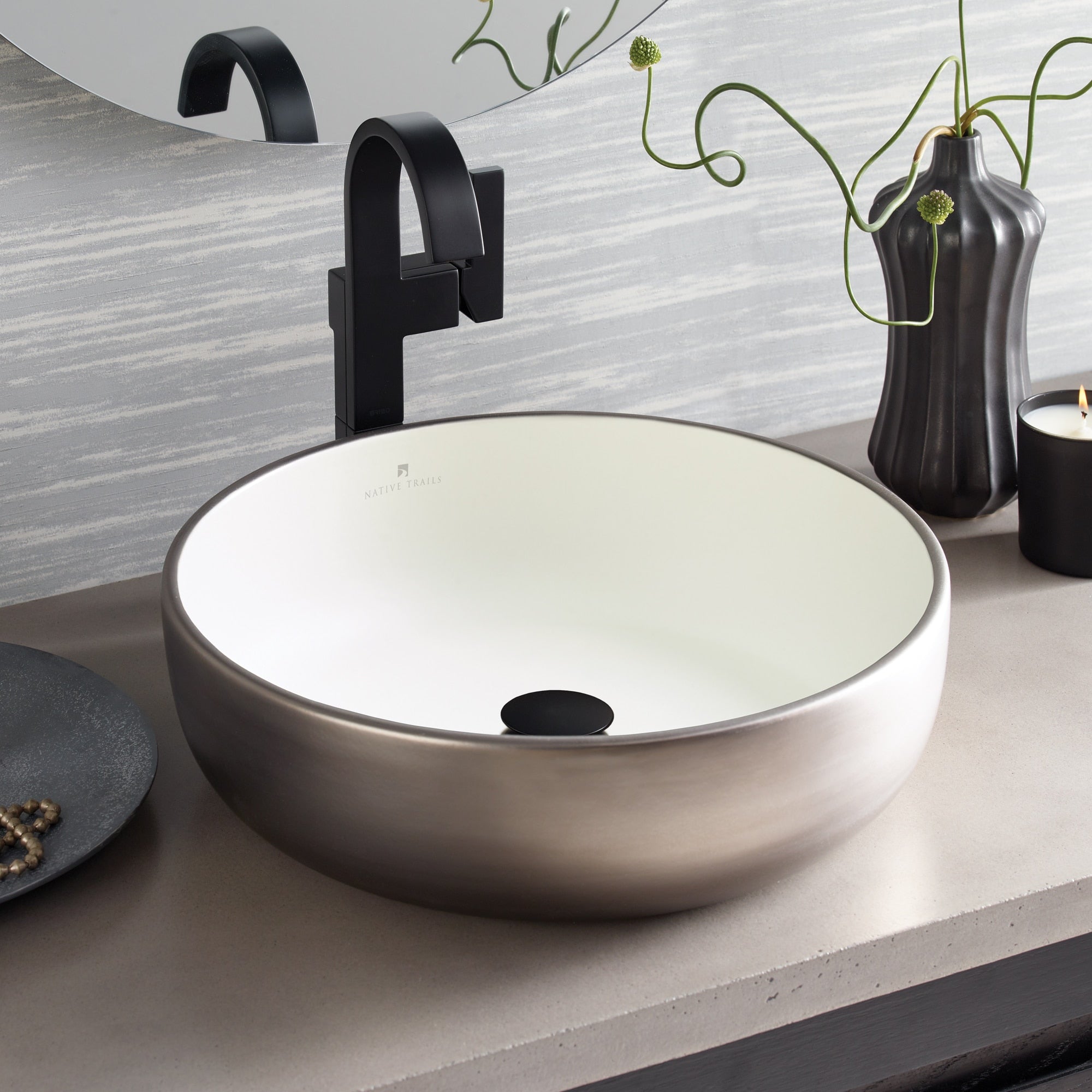 Native Trails Bliss 16" x 16" Round Vessel Fireclay Bathroom Sink, Platinum/White, PML1616-PW