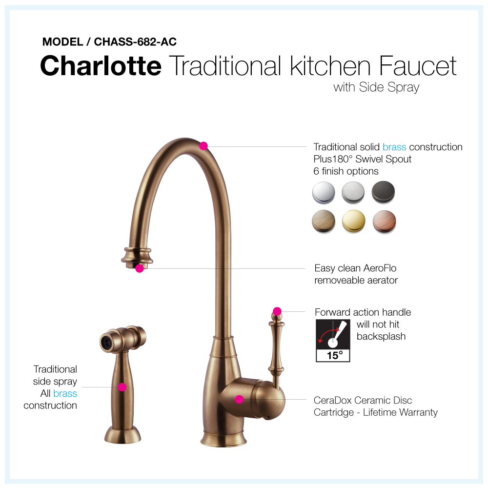 Alternate Image for Houzer Charlotte Solid Brass Kitchen Faucet with Sidespray Antique Copper, CHASS-682-AC