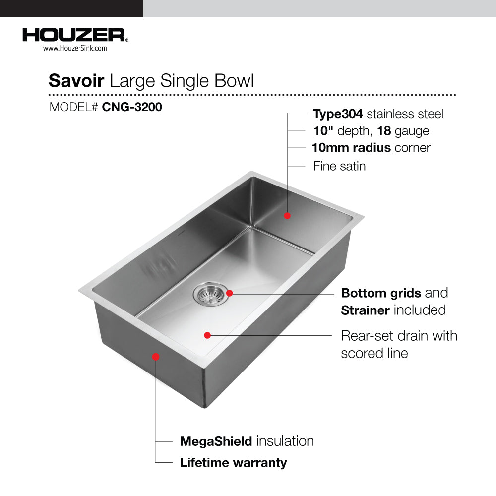 Houzer Savior 18" Undermount Stainless Steel Kitchen Sink, 18 Gauge, CNG-3200