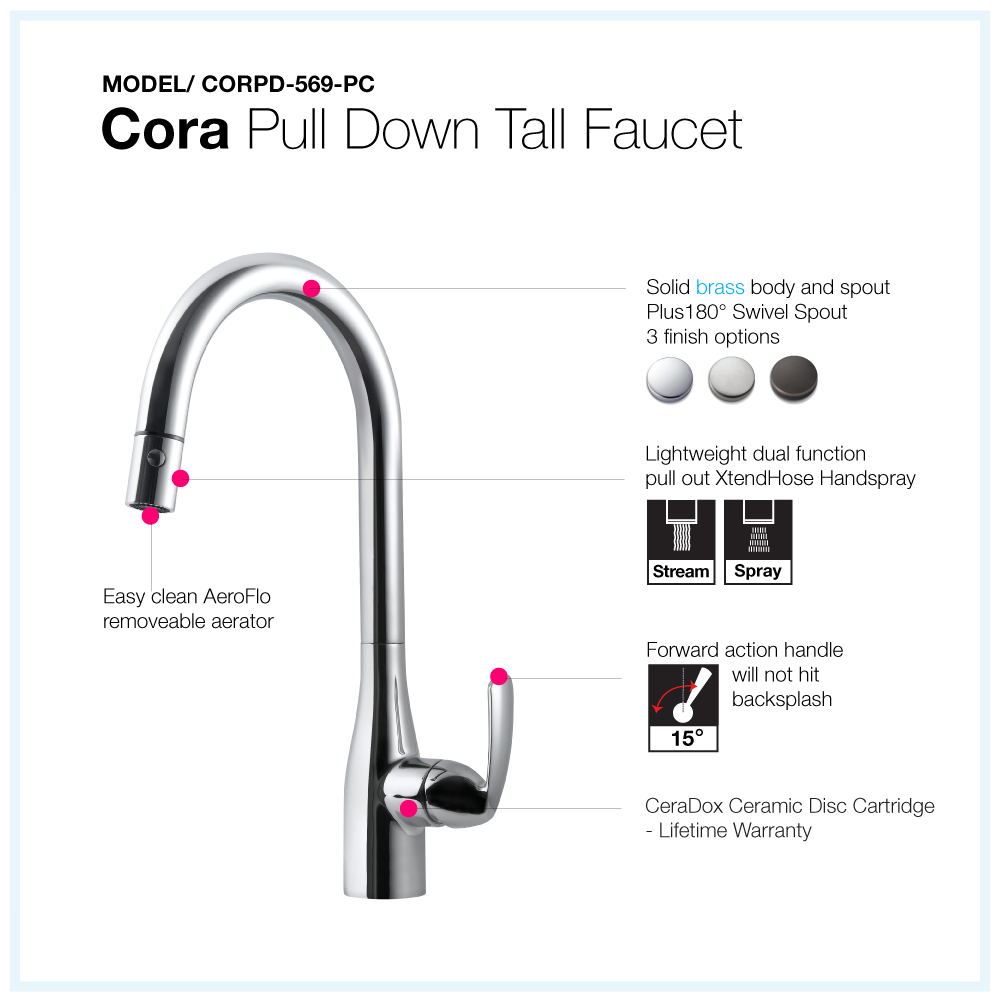 Alternate Image for Houzer Cora Pull Down Kitchen Faucet with CeraDox Technology Polished Chrome, CORPD-569-PC