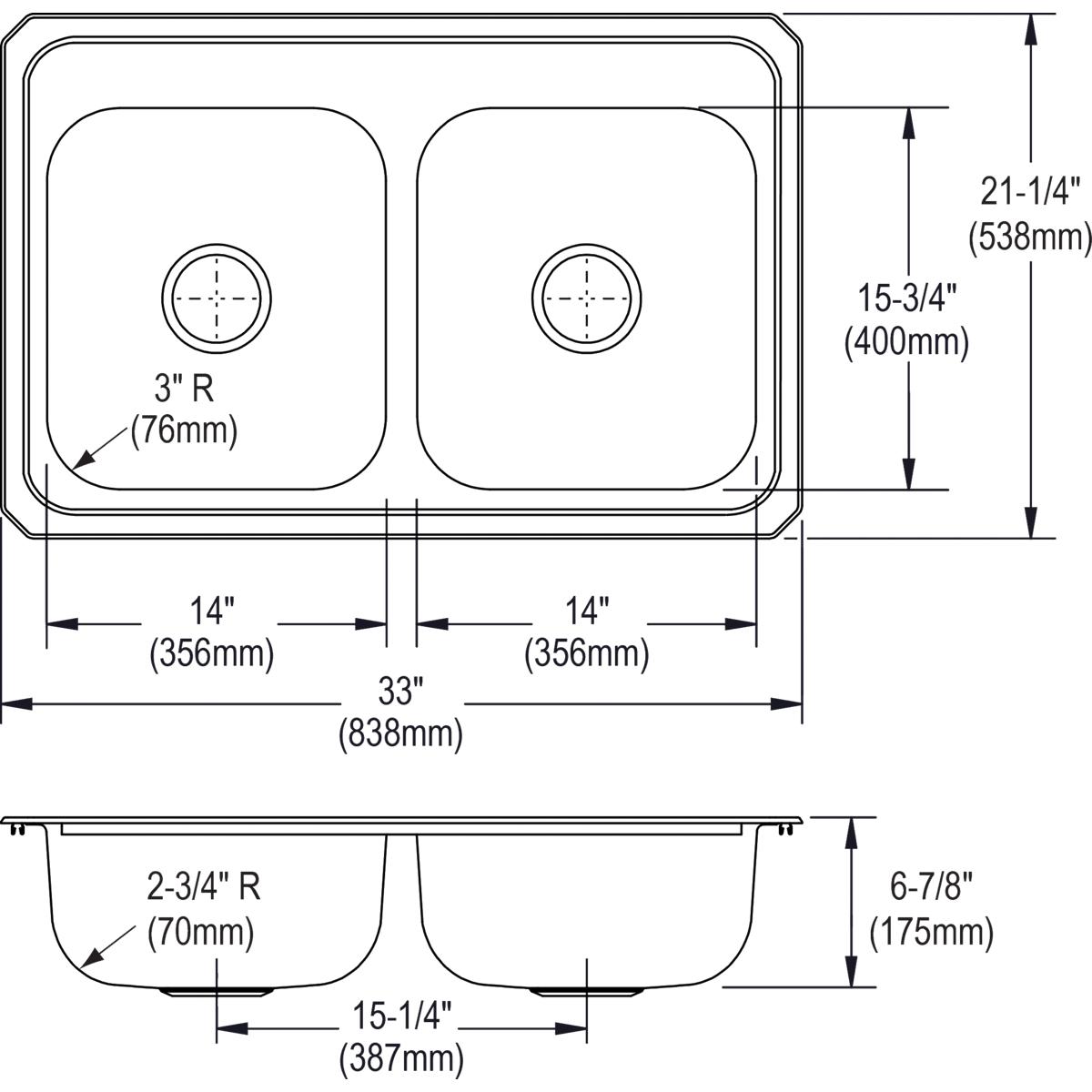 Alternate Image for Elkay Celebrity 33" Stainless Steel Kitchen Sink, 50/50 Double Bowl, 20 Gauge, Brushed Satin, 3 Faucet Hole, CR33213