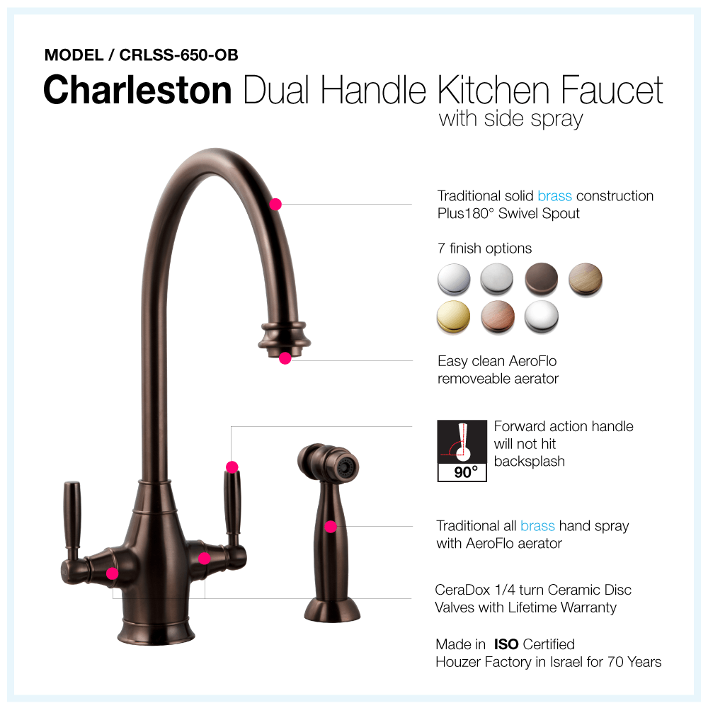 Alternate Image for Houzer Charleston Two Handle Kitchen Faucet with Sidespray Oil Rubbed Bronze, CRLSS-650-OB
