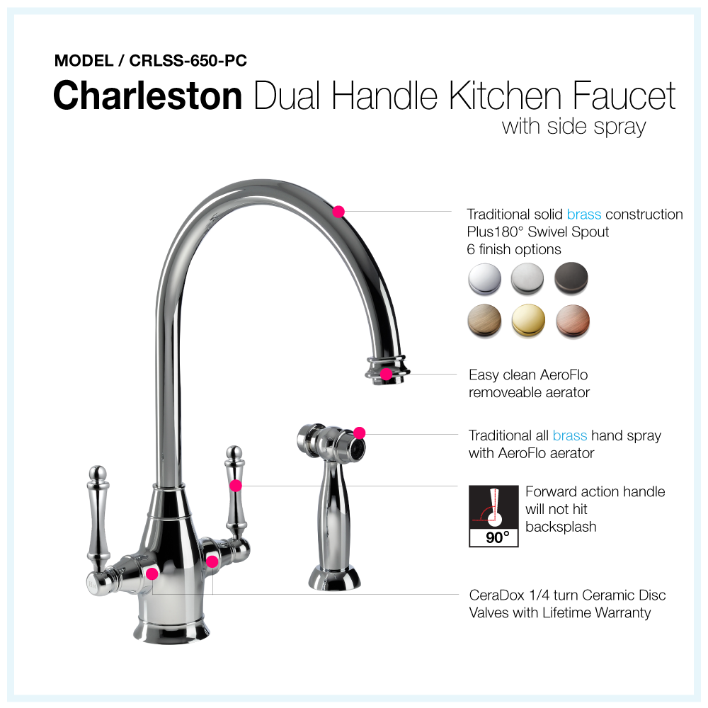 Alternate Image for Houzer Charleston Two Handle Kitchen Faucet with Sidespray Polished Chrome, CRLSS-650-PC