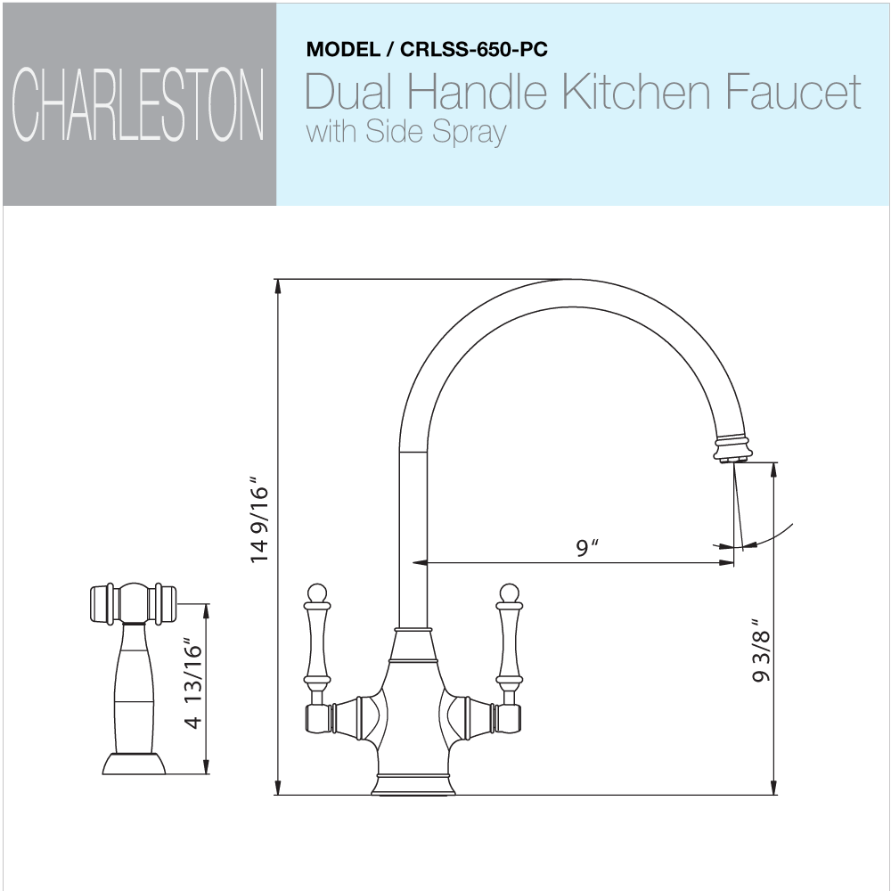Alternate Image for Houzer Charleston Two Handle Kitchen Faucet with Sidespray Polished Chrome, CRLSS-650-PC