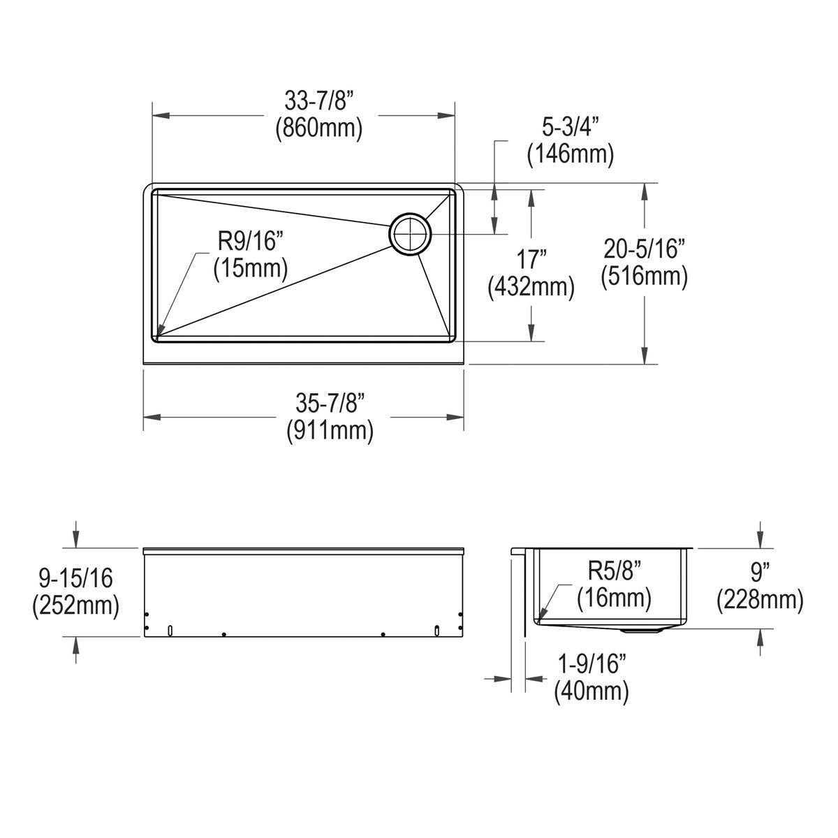 Alternate Image for Elkay Crosstown 36" Stainless Steel Farmhouse Kitchen Sink for Interchangeable Apron, 16 Gauge, Polished Satin, CTXF134179R