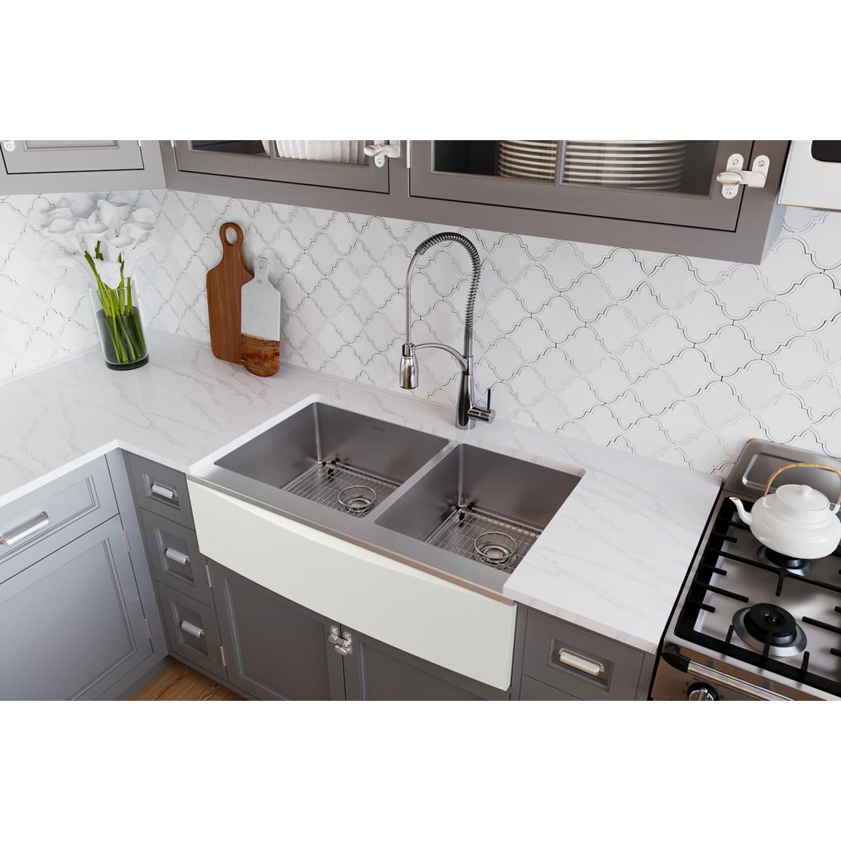 Elkay Crosstown 36" Stainless Steel Farmhouse Kitchen Sink for Interchangeable Apron, 55/65 Double Bowl, 16 Gauge, Polished Satin, CTXF234179C