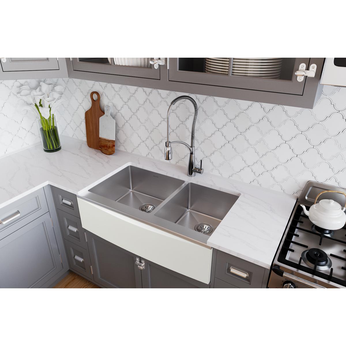 Elkay Crosstown 36" Stainless Steel Farmhouse Kitchen Sink for Interchangeable Apron, 55/65 Double Bowl, 16 Gauge, Polished Satin, CTXF234179