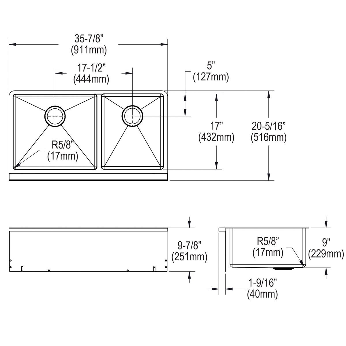 Alternate Image for Elkay Crosstown 36" Stainless Steel Farmhouse Kitchen Sink for Interchangeable Apron, 55/65 Double Bowl, 16 Gauge, Polished Satin, CTXF234179C