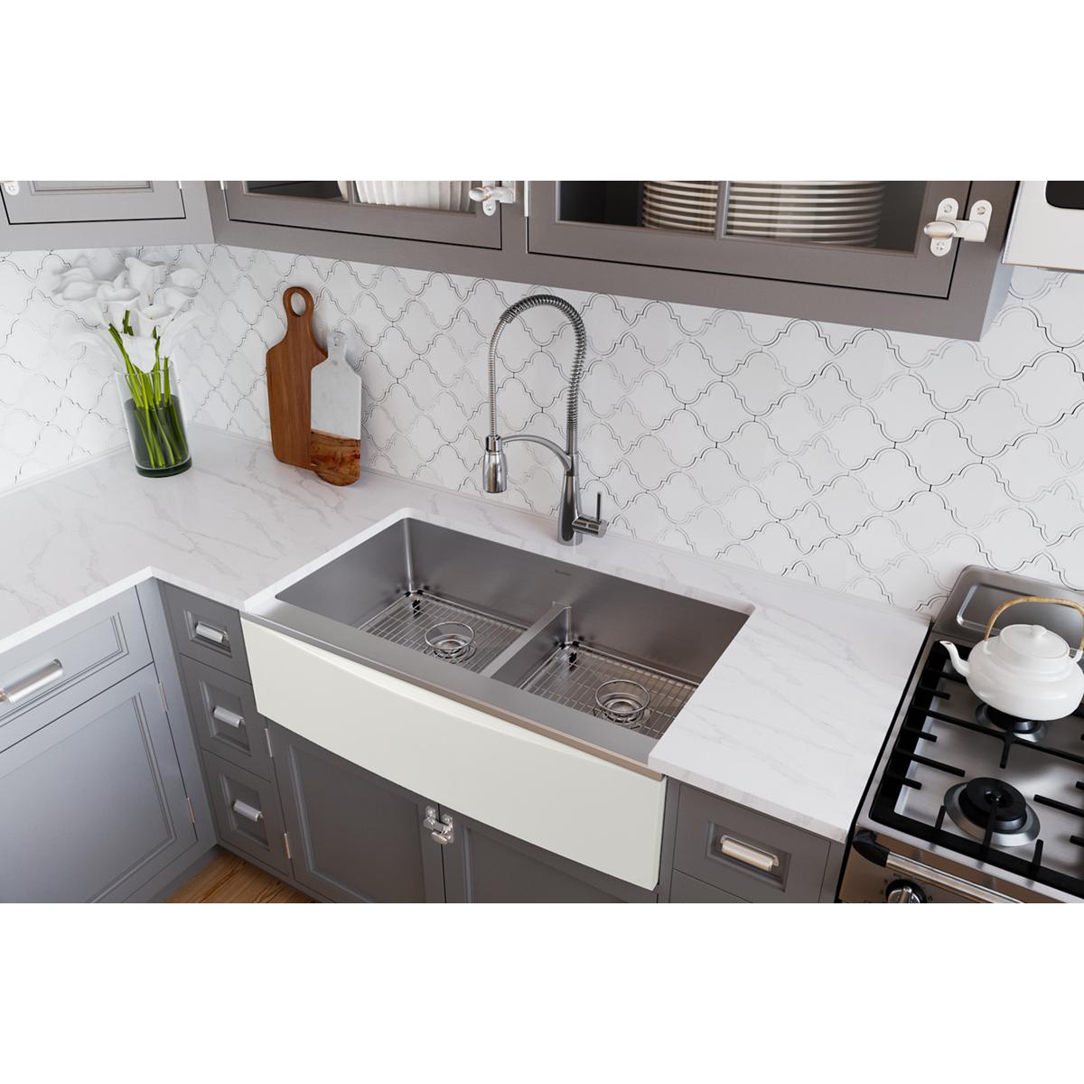Elkay Crosstown 36" Stainless Steel Farmhouse Kitchen Sink for Interchangeable Apron, 50/50 Double Bowl, 16 Gauge, Polished Satin, CTXFA34179C