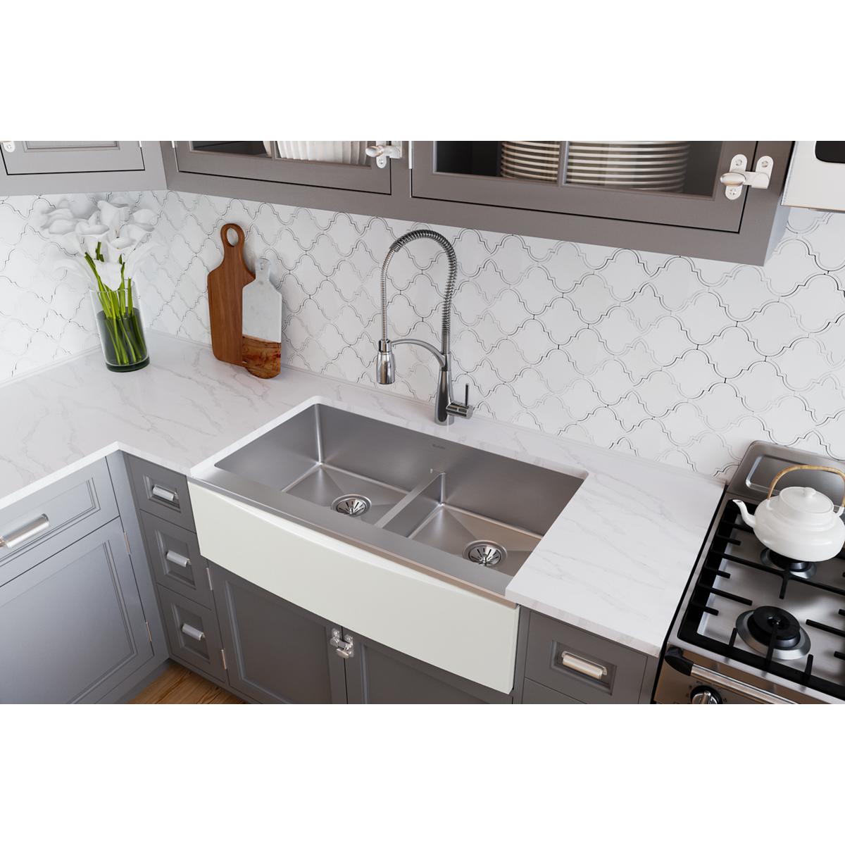 Elkay Crosstown 36" Stainless Steel Farmhouse Kitchen Sink for Interchangeable Apron, 50/50 Double Bowl, 16 Gauge, Polished Satin, CTXFA34179