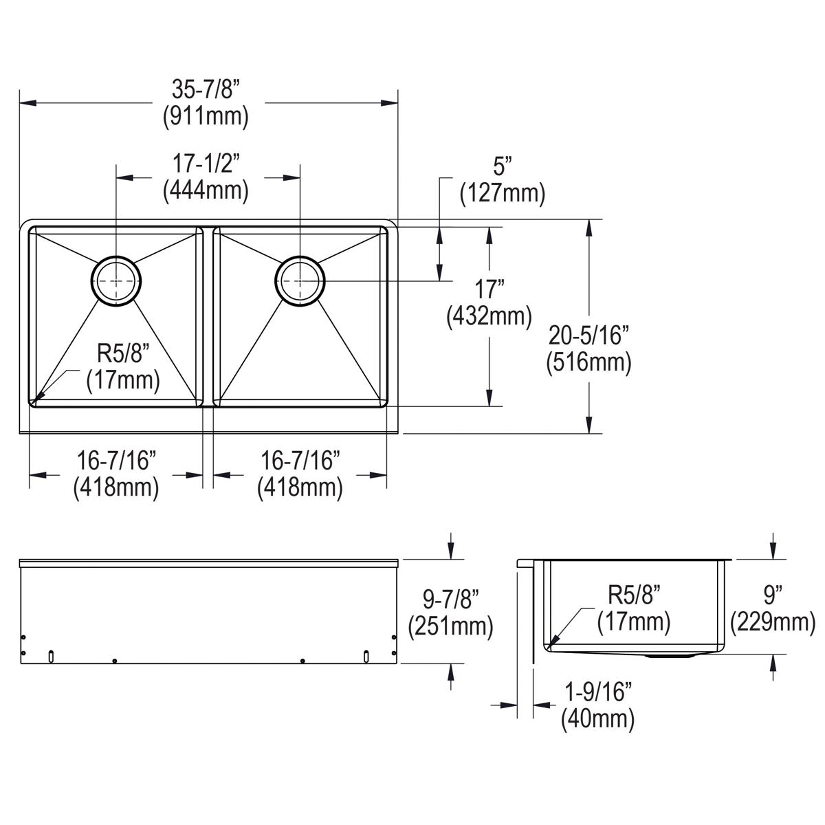 Alternate Image for Elkay Crosstown 36" Stainless Steel Farmhouse Kitchen Sink for Interchangeable Apron, 50/50 Double Bowl, 16 Gauge, Polished Satin, CTXFA34179