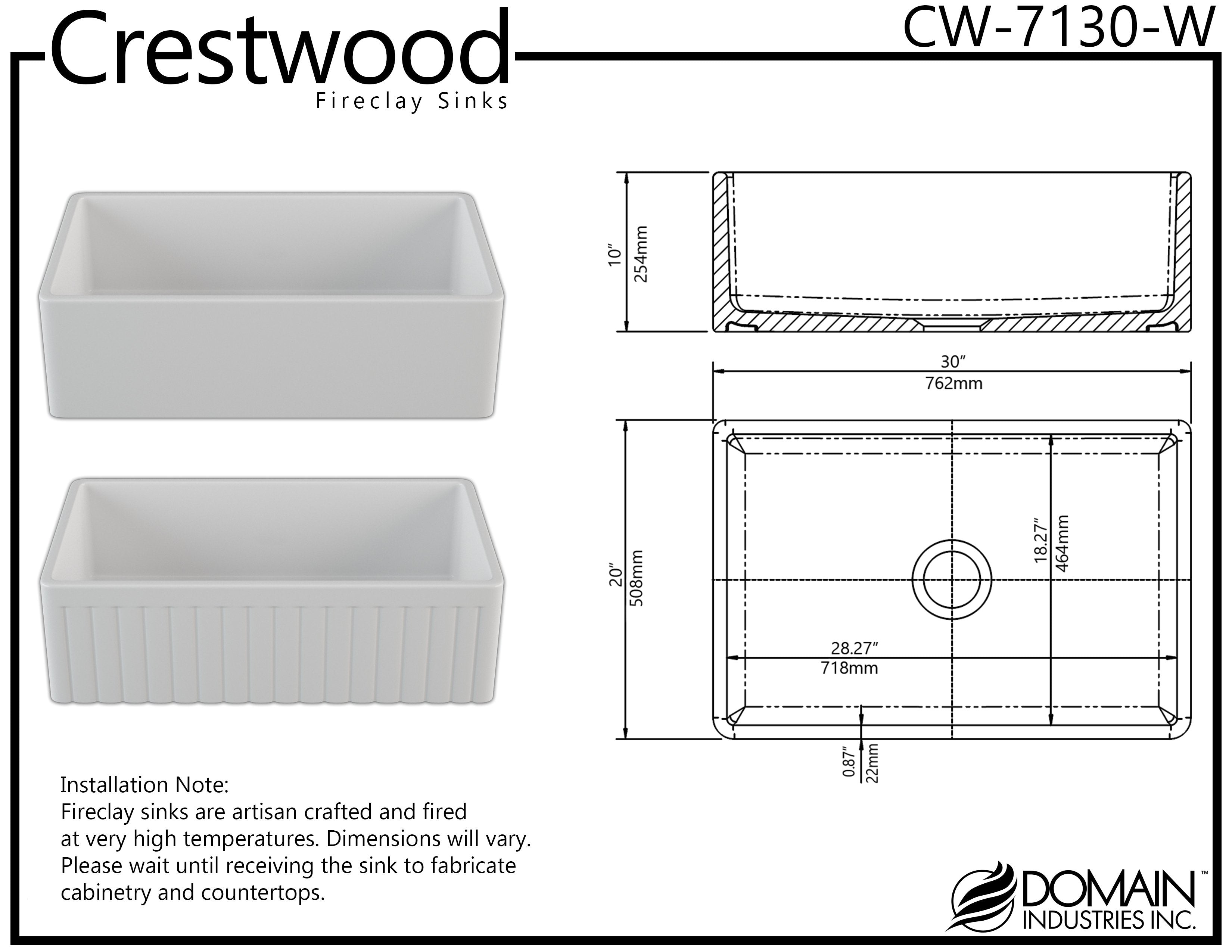 30" Fireclay Farmhouse Apron Kitchen Sink by Crestwood, Reversible, White, CW-7130-W - The Sink Boutique