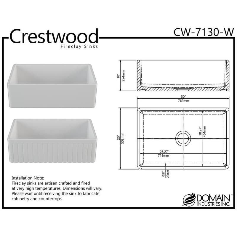 Alternate Image for Crestwood 30" White Fireclay Farmhouse Sink, Smooth/Fluted Front, CW-7130-W