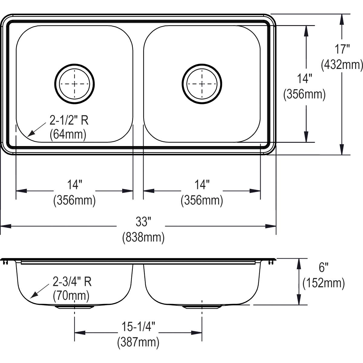 Alternate Image for Elkay Dayton 33" Stainless Steel Kitchen Sink, 50/50 Double Bowl, Satin, D23317