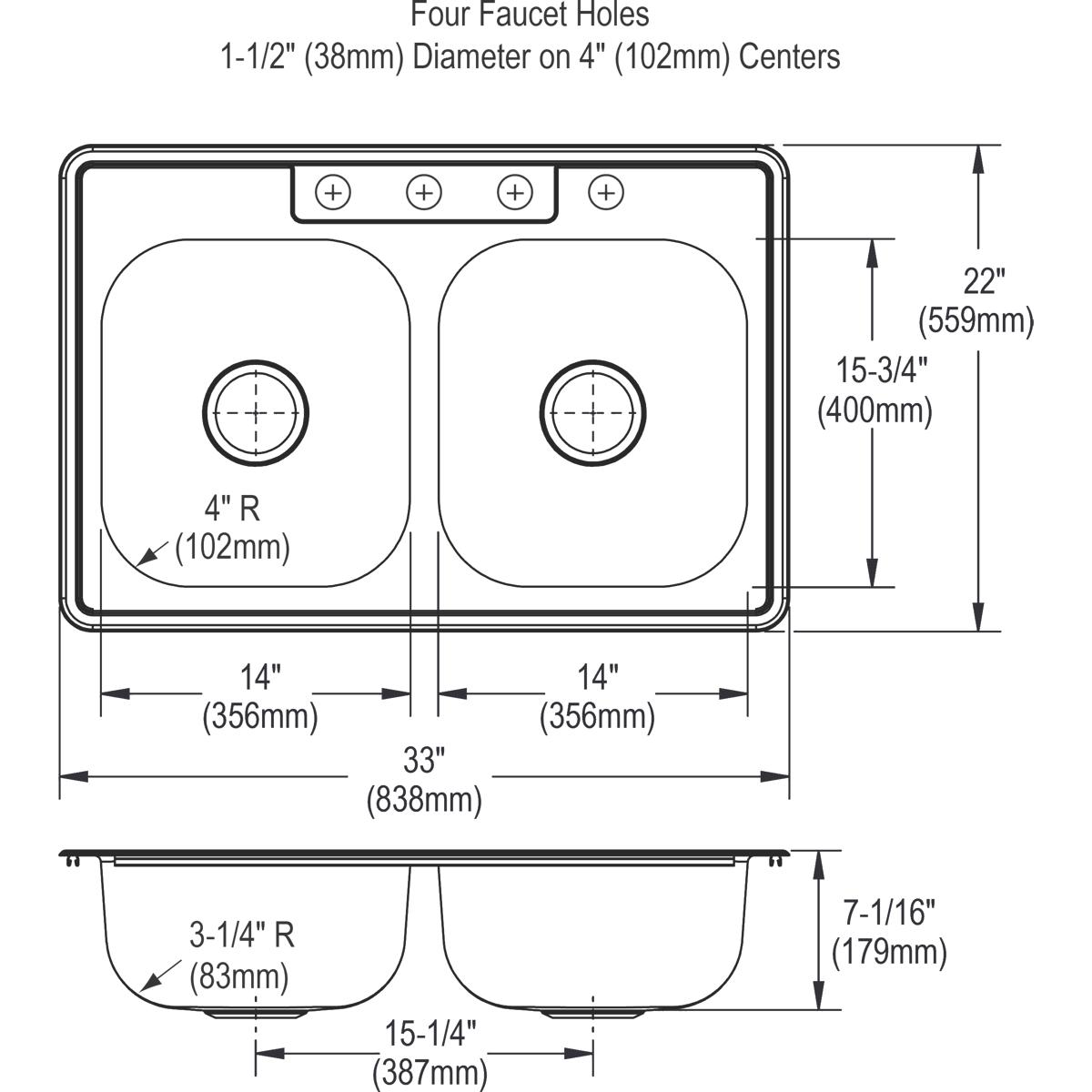 Alternate Image for Elkay Dayton 33" Stainless Steel Kitchen Sink, 50/50 Double Bowl, Sink Kit, Satin, 4 Faucet Hole, DD233224DF