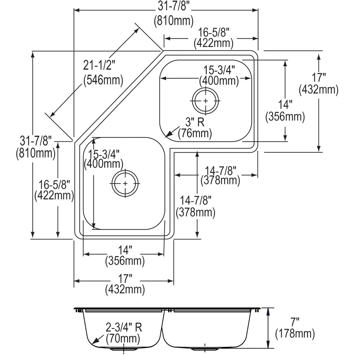 Alternate Image for Elkay Dayton 32" Stainless Steel Corner Kitchen Sink, 45/55 Double Bowl, 20 Gauge, Elite Satin, 4 Faucet Hole, DE217324, 4-Hole