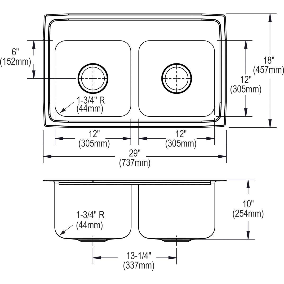 Alternate Image for Elkay Lustertone 29" Stainless Steel Kitchen Sink, 50/50 Double Bowl, 18 Gauge, Lustrous Satin, 3 Faucet Hole, DLR2918103