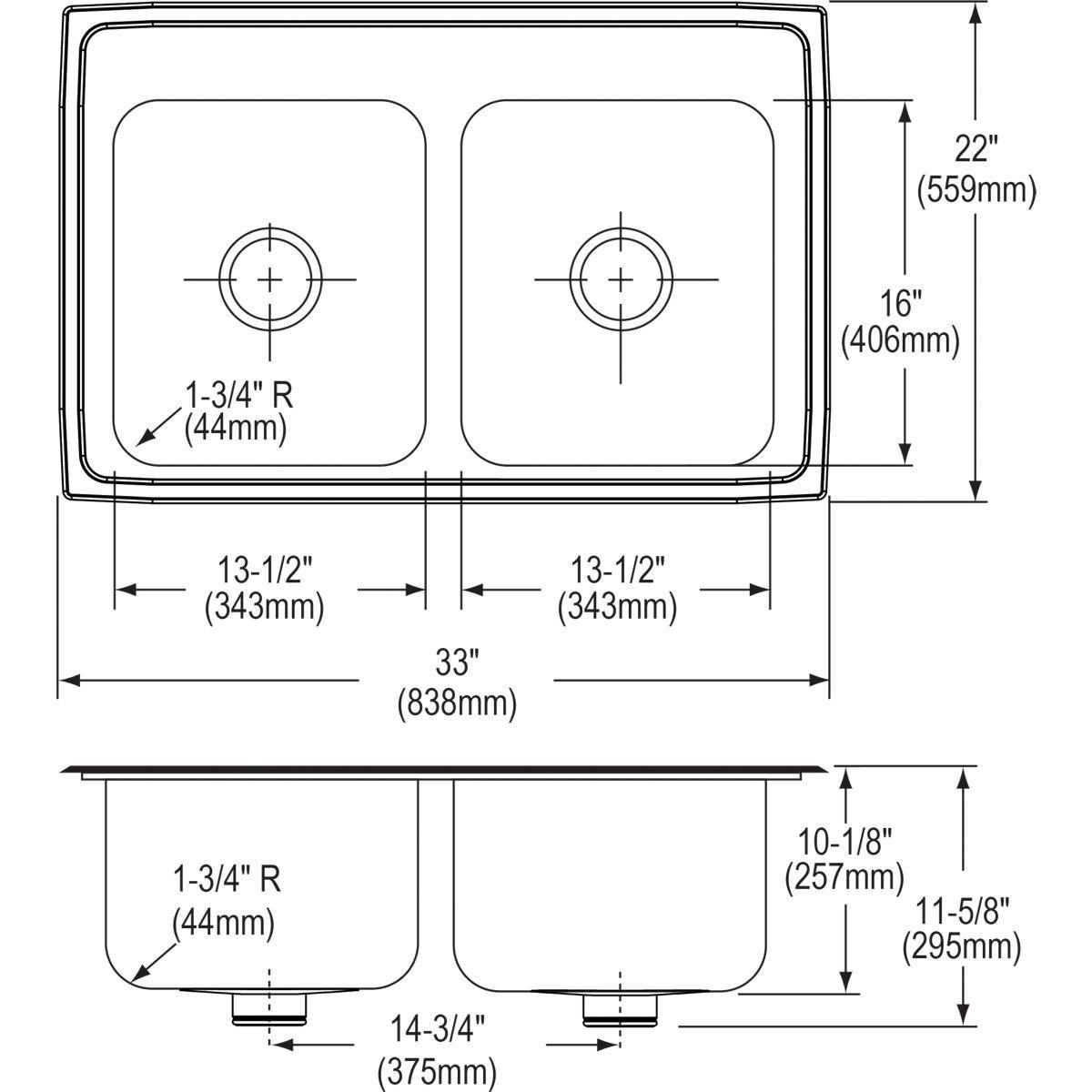 Alternate Image for Elkay Lustertone 33" Stainless Steel Kitchen Sink, 50/50 Double Bowl, 18 Gauge, Lustrous Satin, 3 Faucet Hole, DLR332210PD3