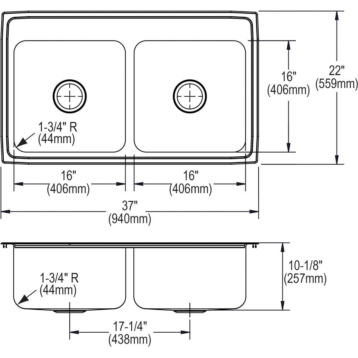 Alternate Image for Elkay Lustertone 37" Stainless Steel Kitchen Sink, 50/50 Double Bowl, 18 Gauge, Lustrous Satin, 3 Faucet Hole, DLR3722103