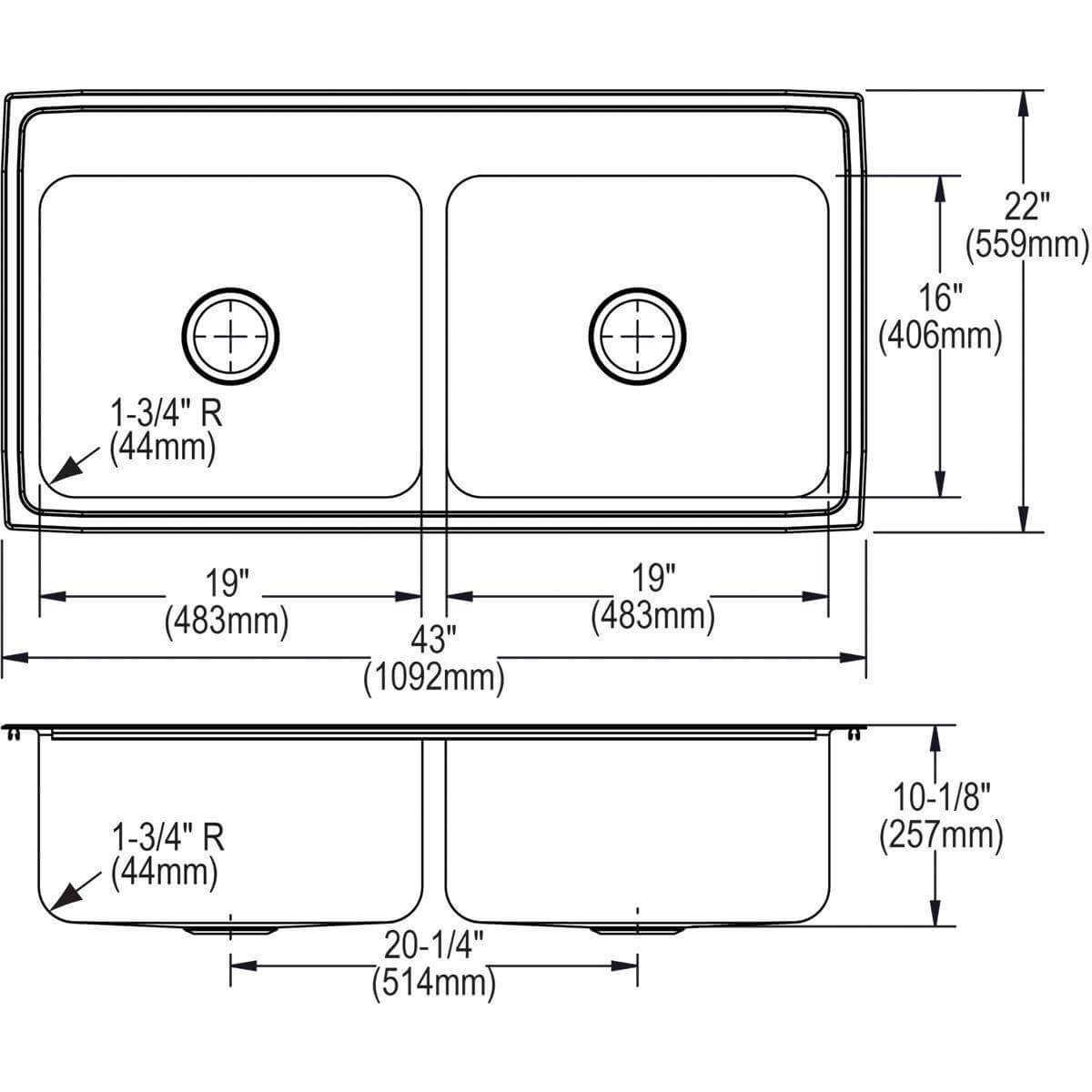 Alternate Image for Elkay Lustertone 43" Stainless Steel Kitchen Sink, 50/50 Double Bowl, 18 Gauge, Lustrous Satin, 1 Faucet Hole, DLR4322101