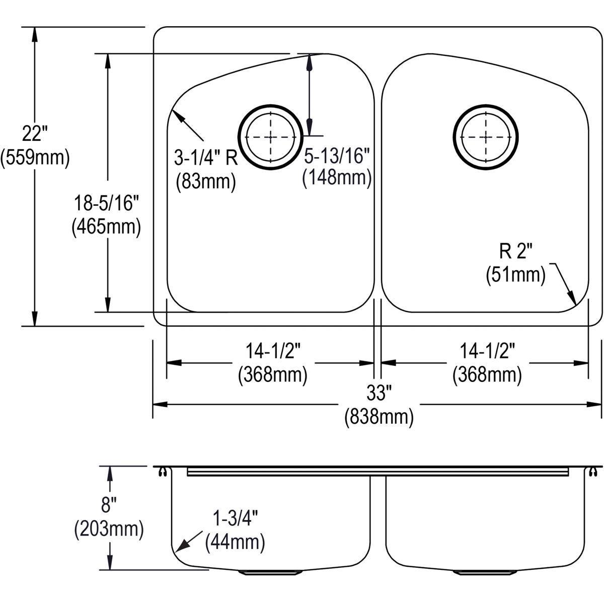 Alternate Image for Elkay Dayton 33" Stainless Steel Kitchen Sink, 50/50 Double Bowl, 18 Gauge, Premium Highlighted Satin, 2L Faucet Hole, DPXSR233222L
