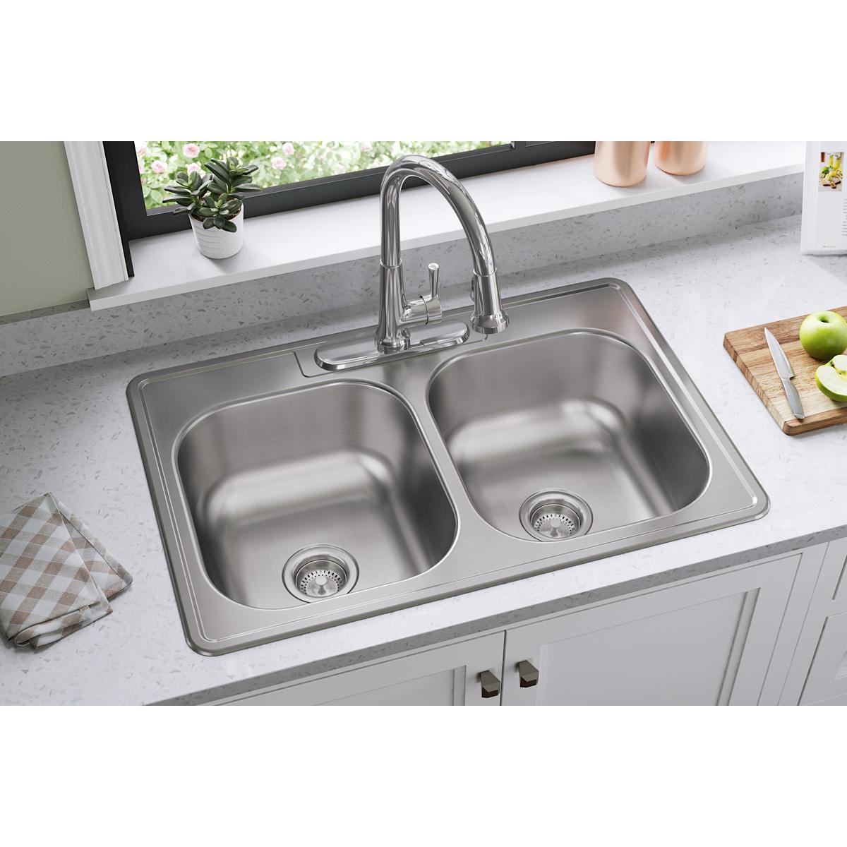 Alternate Image for Elkay Dayton 33" Stainless Steel Kitchen Sink, 50/50 Double Bowl, 20 Gauge, Elite Satin, 3 Faucet Hole, DSE233223