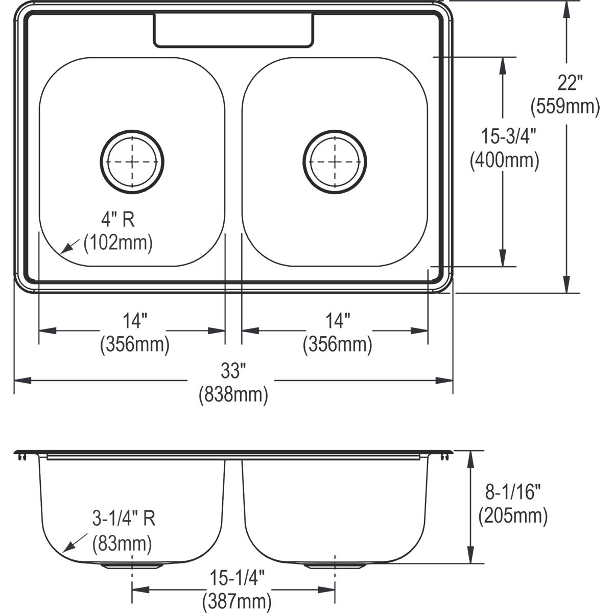 Alternate Image for Elkay Dayton 33" Stainless Steel Kitchen Sink, 50/50 Double Bowl, 20 Gauge, Elite Satin, 1 Faucet Hole, DSE233221
