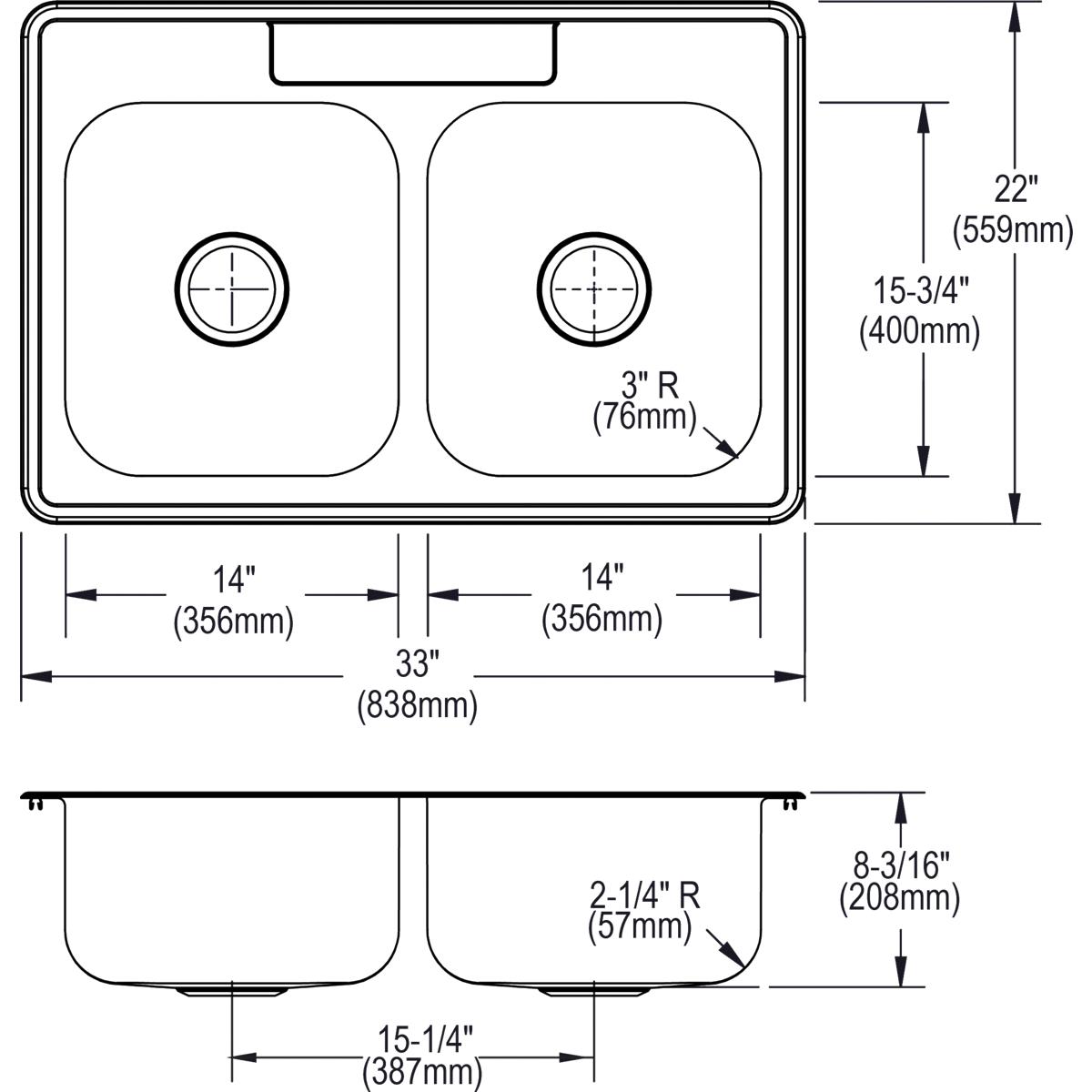 Alternate Image for Elkay Dayton 33" Stainless Steel Kitchen Sink, 50/50 Double Bowl, 18 Gauge, Satin, 3 Faucet Hole, DXR33223