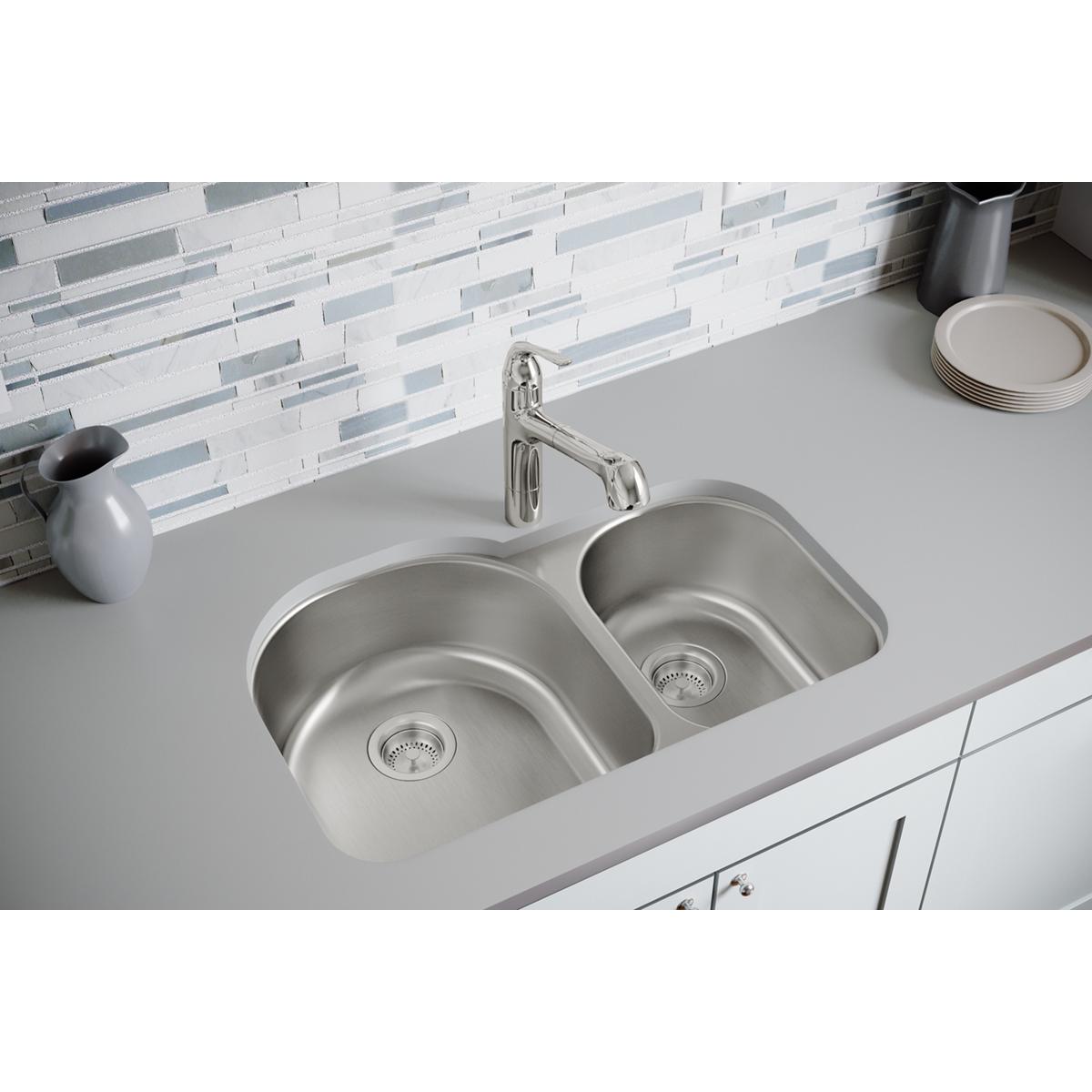 Elkay Dayton 31" Stainless Steel Kitchen Sink, 60/40 Double Bowl, Radiant Satin, DXUH3119R - The Sink Boutique