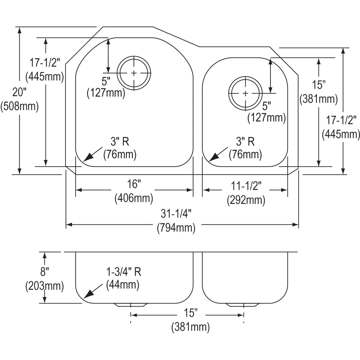 Alternate Image for Elkay Dayton 31" Stainless Steel Kitchen Sink, 60/40 Double Bowl, 18 Gauge, Radiant Satin, DXUH3119R
