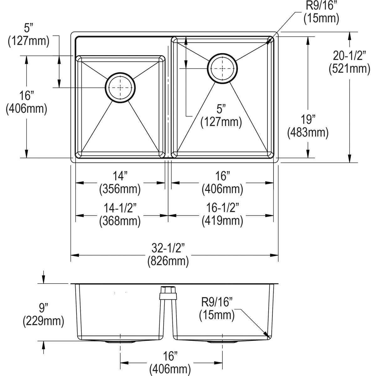 Alternate Image for Elkay Crosstown 33" Stainless Steel Kitchen Sink, 45/55 Double Bowl, 18 Gauge, Polished Satin, ECTRUD31199L2