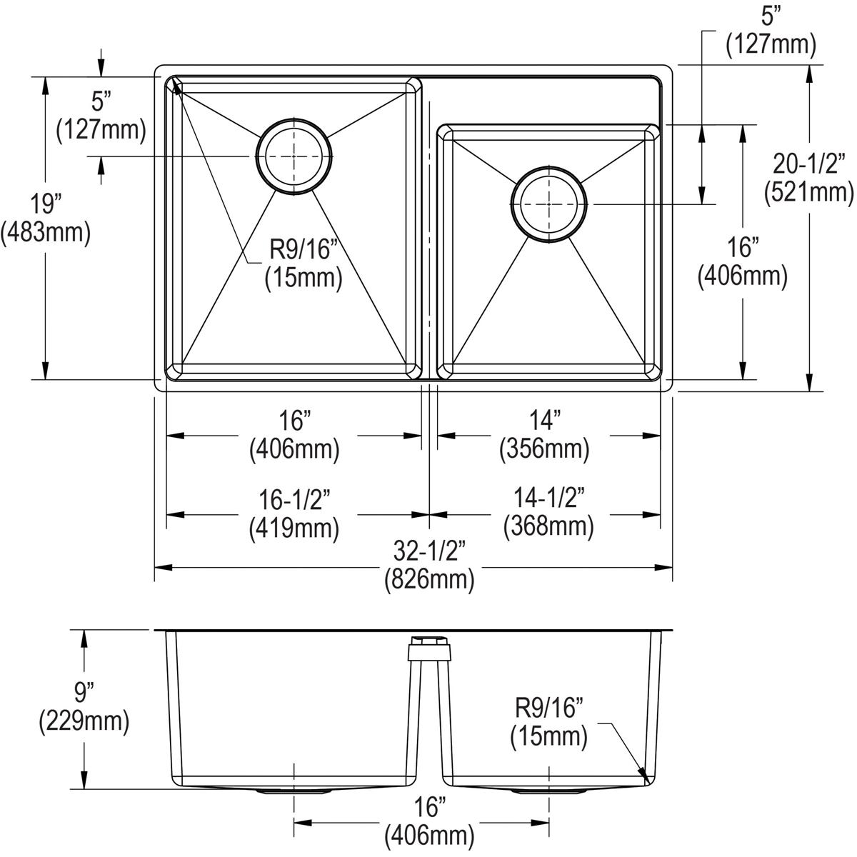 Alternate Image for Elkay Crosstown 33" Stainless Steel Kitchen Sink, 55/45 Double Bowl, 18 Gauge, Polished Satin, ECTRUD31199R3