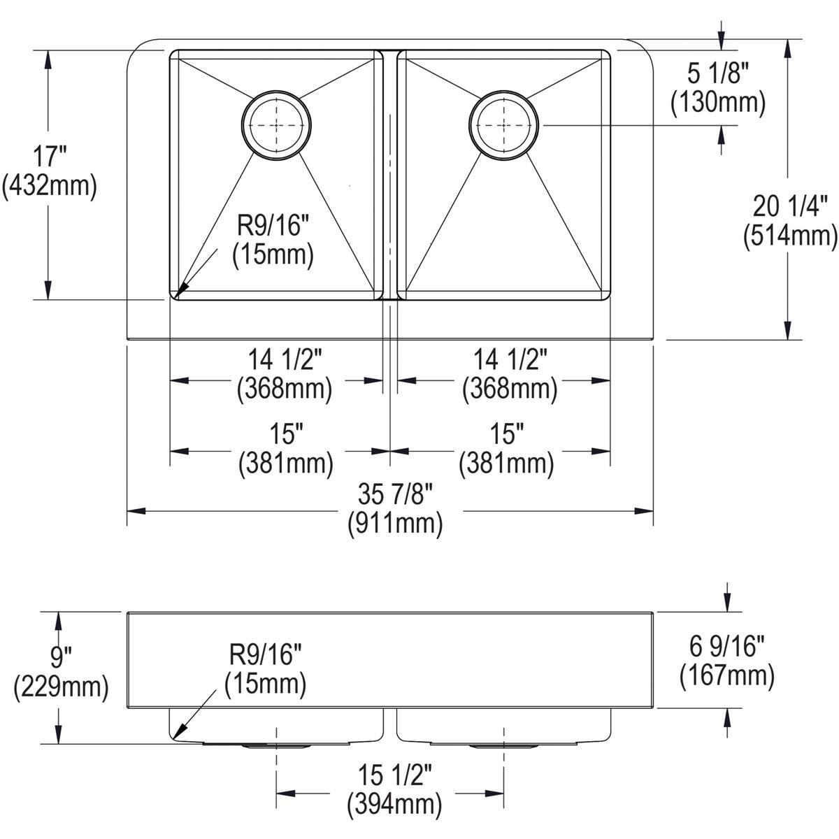 Alternate Image for Elkay Crosstown 36" Stainless Steel Farmhouse Kitchen Sink, 50/50 Double Bowl, 18 Gauge, Polished Satin, ECTRUFA32179