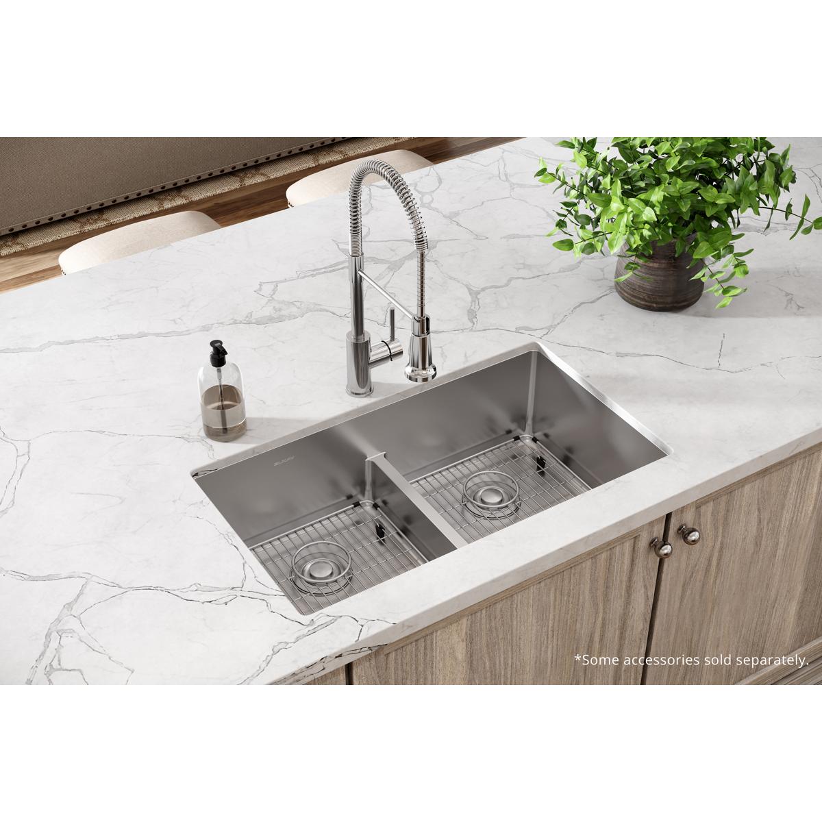 Alternate Image for Elkay Crosstown 33" Stainless Steel Kitchen Sink, 50/50 Double Bowl, 18 Gauge, Sink Kit, Polished Satin, 1 Faucet Hole, ECTSRA33229TBG1