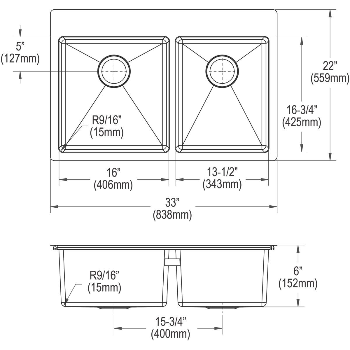 Alternate Image for Elkay Crosstown 33" Stainless Steel Kitchen Sink, 55/45 Double Bowl, 18 Gauge, Sink Kit, Polished Satin, ECTSRO33229RTBG5