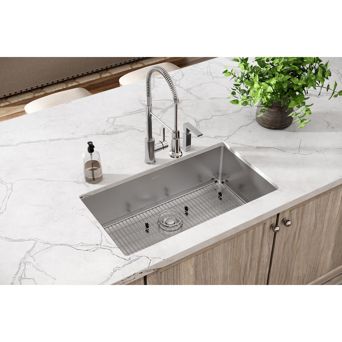 Alternate Image for Elkay Crosstown 33" Stainless Steel Kitchen Sink Kit, Polished Satin, FR2 Faucet Hole, ECTSRS33229TBGFR2