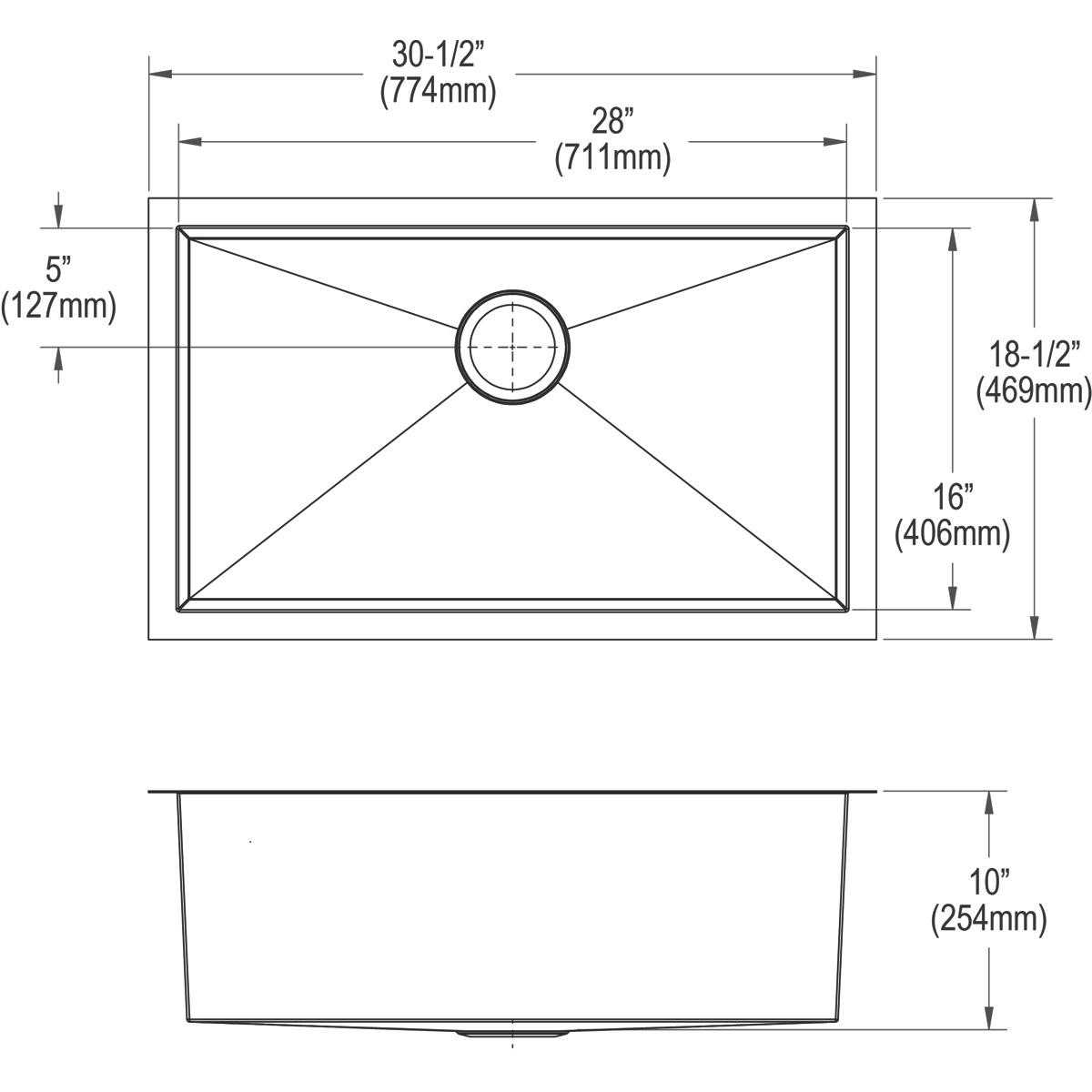Alternate Image for Elkay Crosstown 31" Stainless Steel Kitchen Sink, 16 Gauge, Polished Satin, EFU281610T